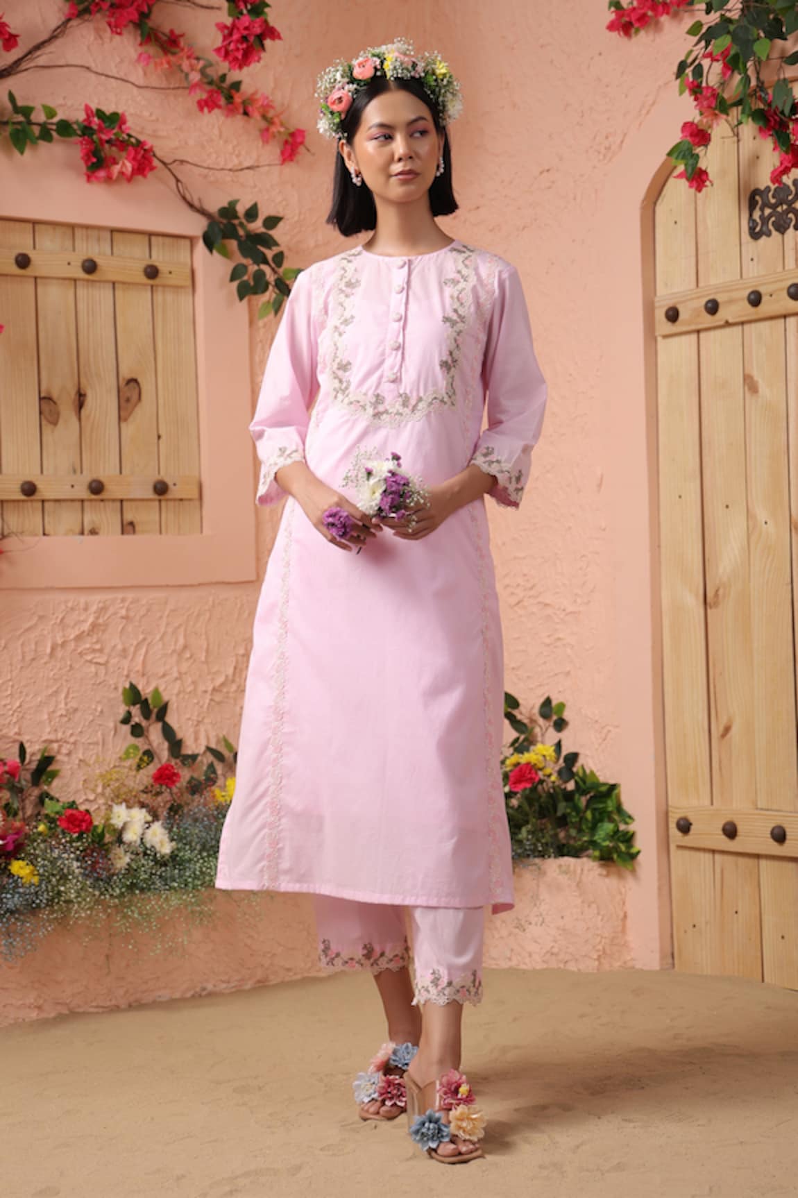 Charu Makkar Cotton Floral Lace Embellished Kurta & Pant Set