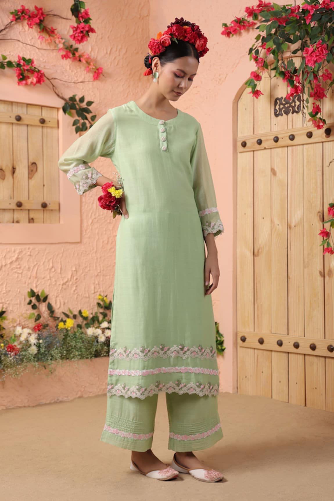 Charu Makkar Floral Lace Border Embellished Kurta & Palazzo Set