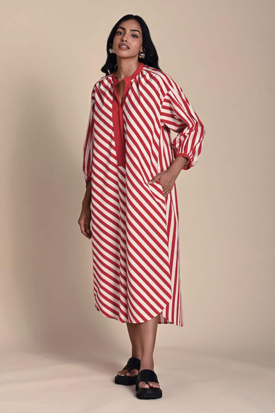 Kanelle Sage Striped Print Midi Dress With Belt