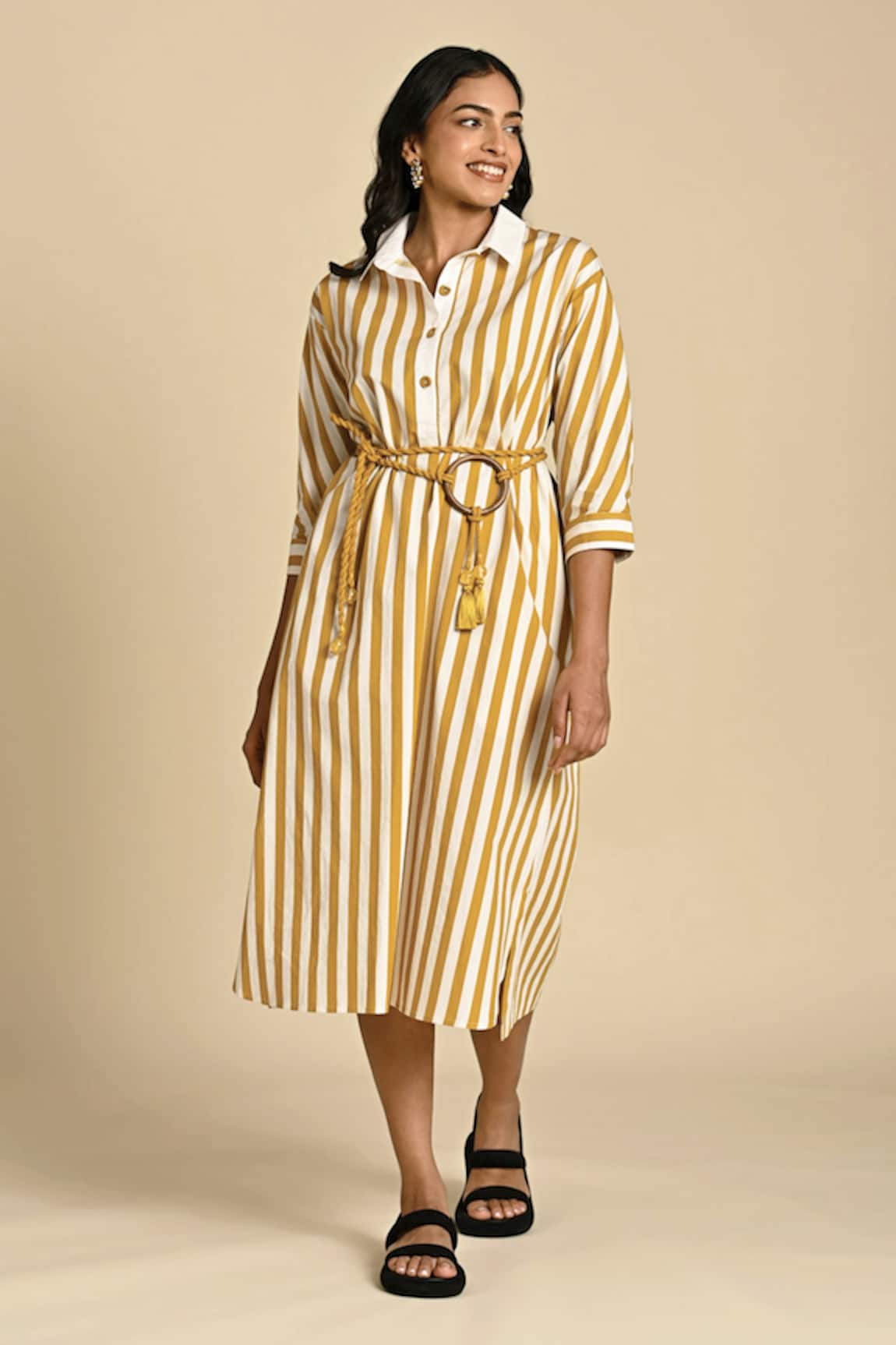 Kanelle Wiona Striped Print Collared Dress With Belt