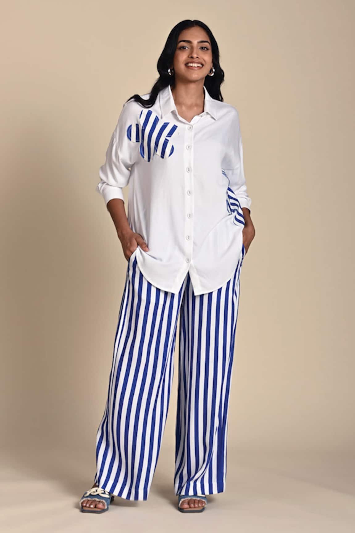 Kanelle Abigail Striped Flora Patch Embroidered Shirt With Striped Pant