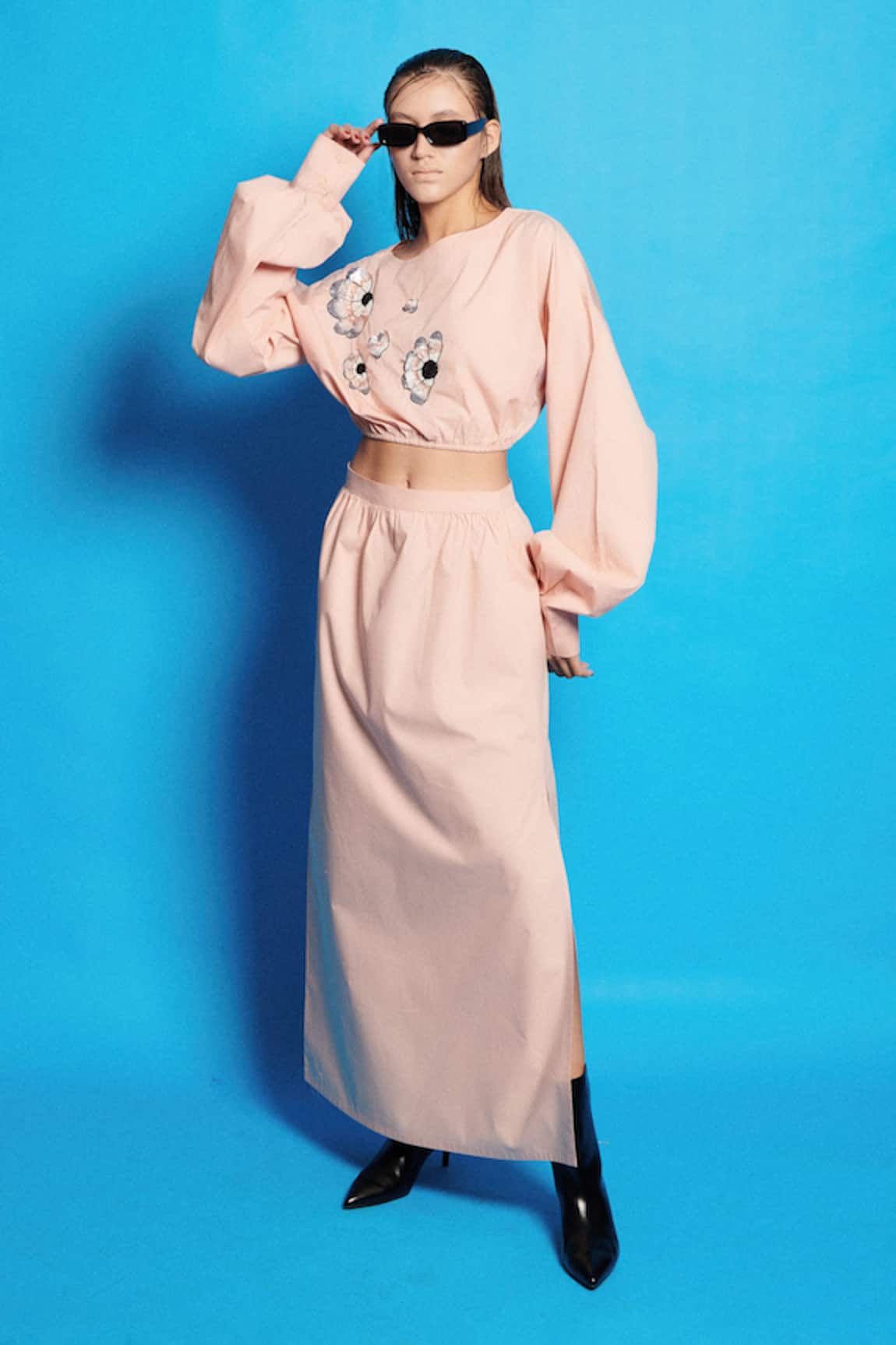 Cin Cin Placement Embroidered Crop Top & Slit Skirt Set