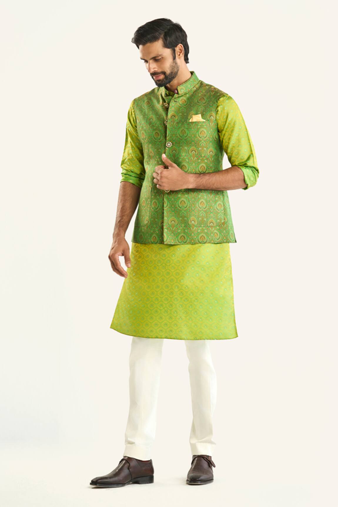 Raghavendra Rathore Jodhpur Silk Woven Green Bundi 