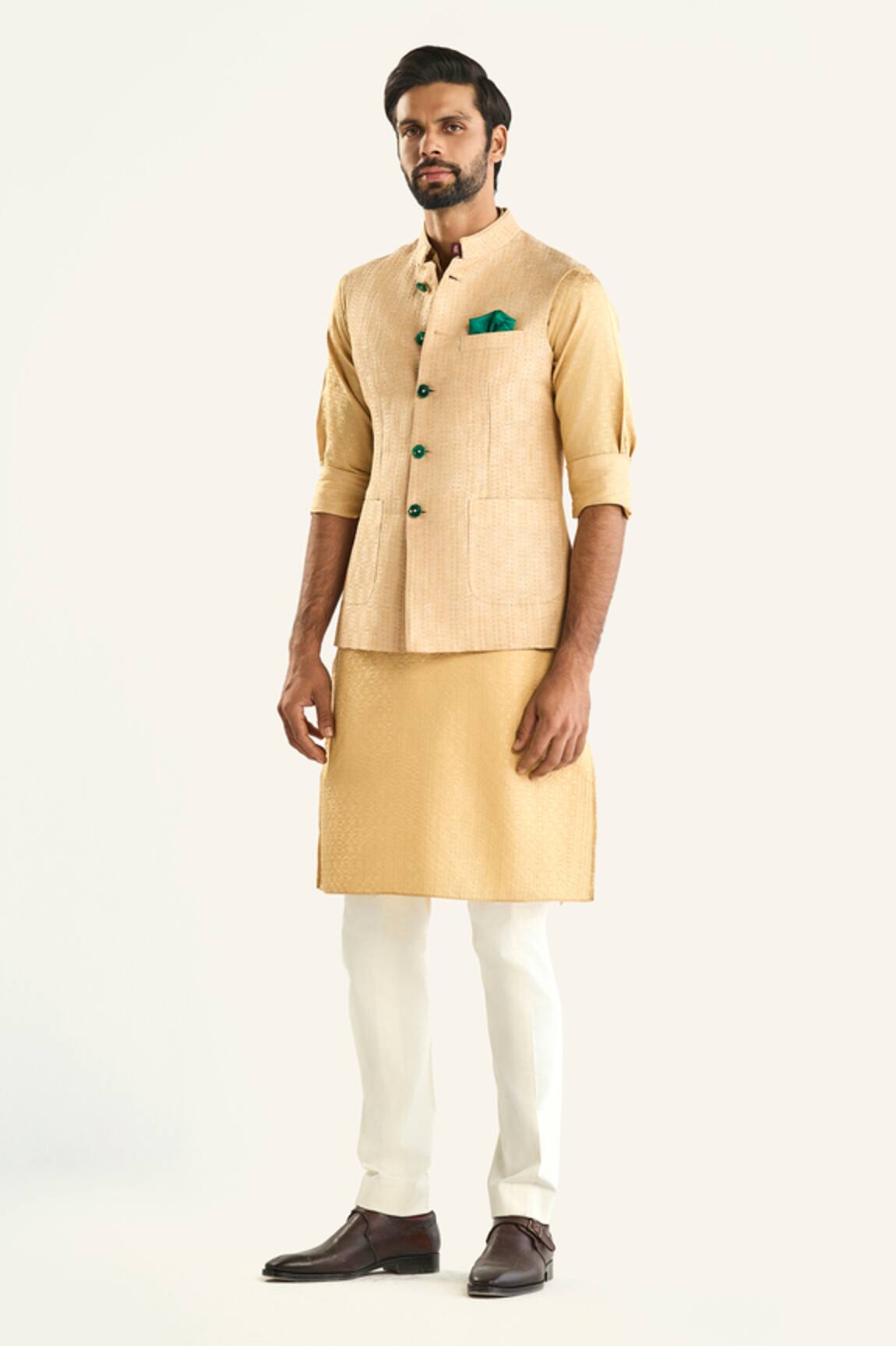 Raghavendra Rathore Jodhpur Beige Silk Woven Geometric Bundi 