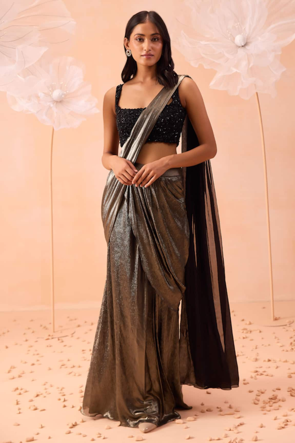 PARUL GANDHI Nirwana Pre-Draped Saree With Embroidered Blouse