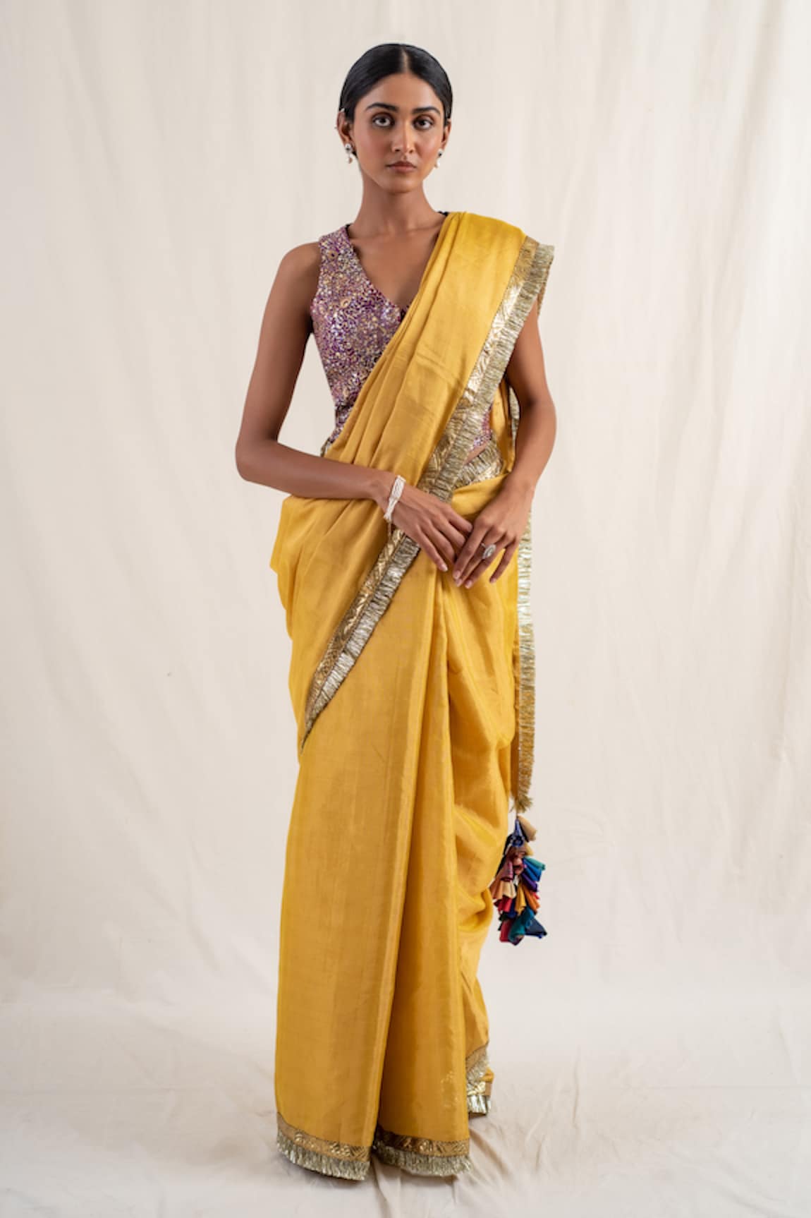 Priyanka Raajiv Janpath Tasseled Border Saree With Unstitched Blouse Piece