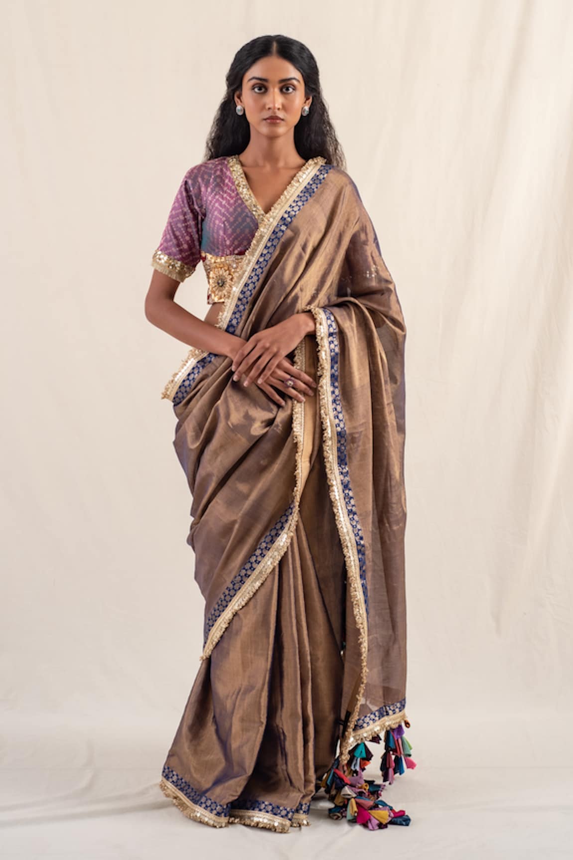 Priyanka Raajiv Saaj Tasseled Border Saree With Unstitched Blouse Piece