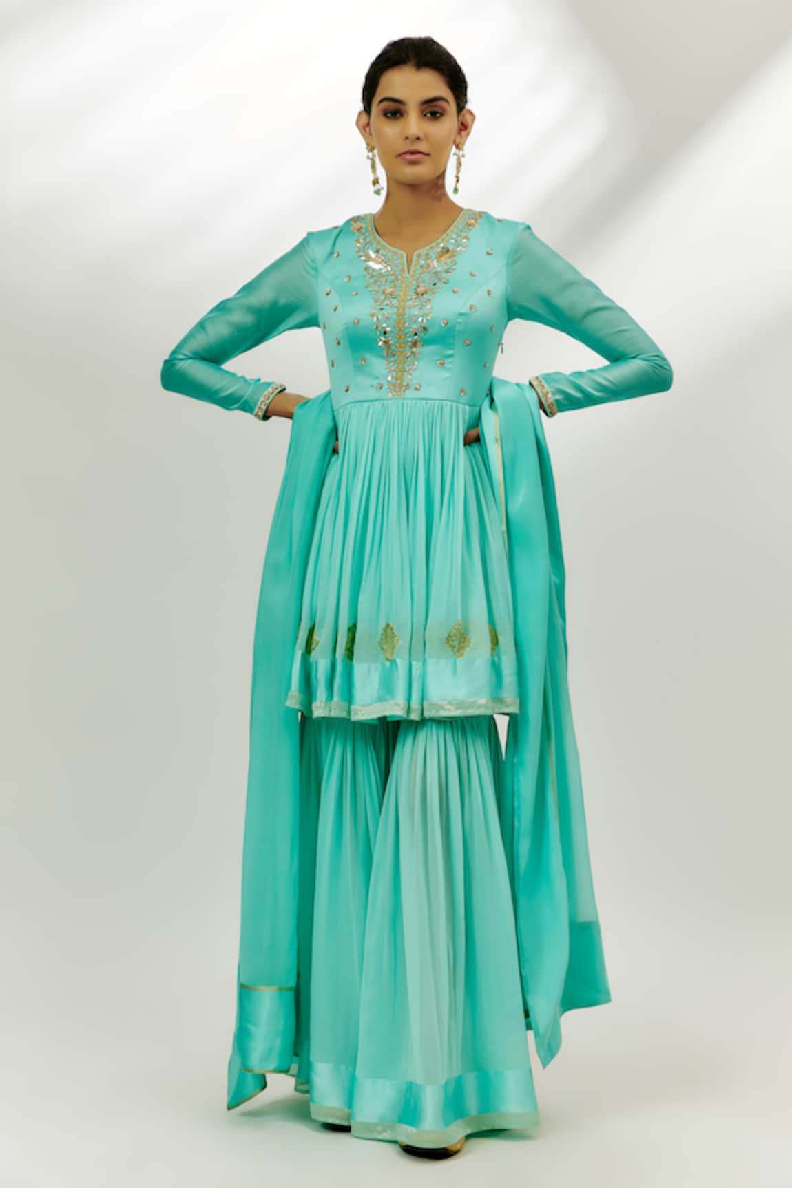 Nadima Saqib Zardozi Embroidered Peplum Kurta Gharara Set