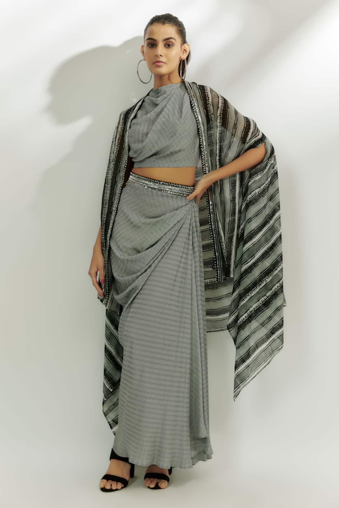 Nadima Saqib Stripe Print Cape Draped Skirt Set