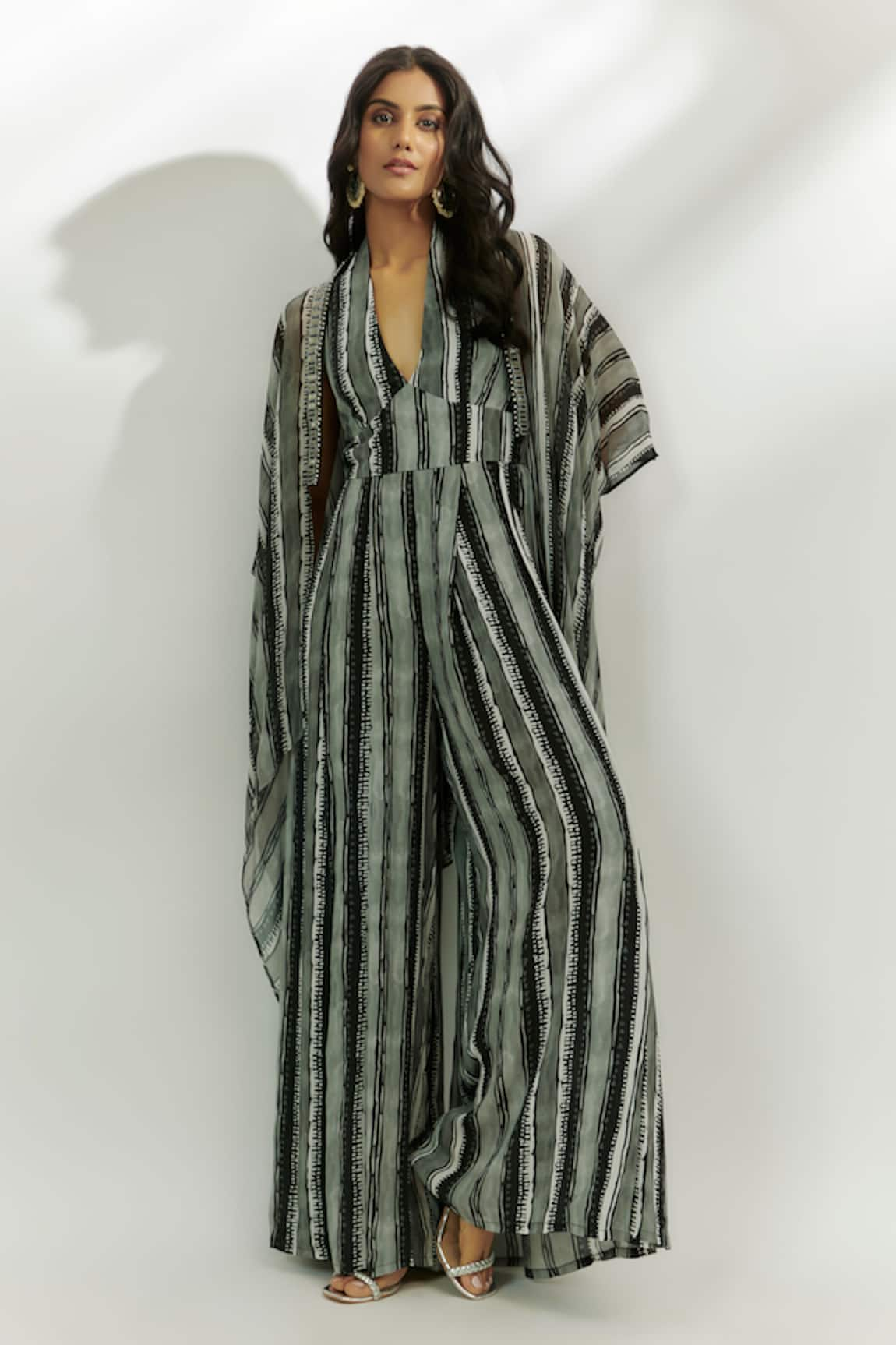 Nadima Saqib Stripe Print Jumpsuit With Cape