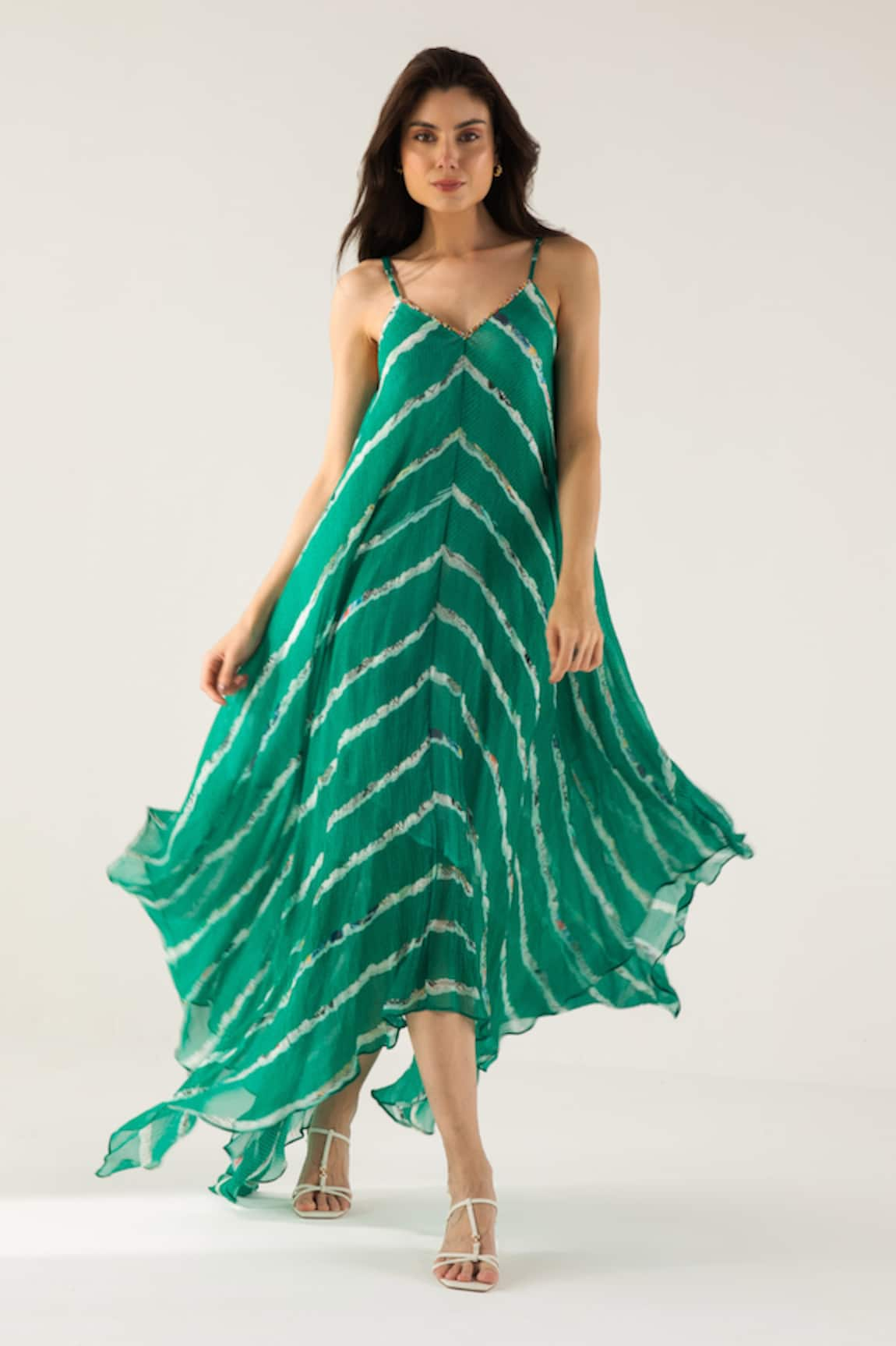 REENA SHARMA Advika Abstract Striped Print Asymmetric Maxi Dress