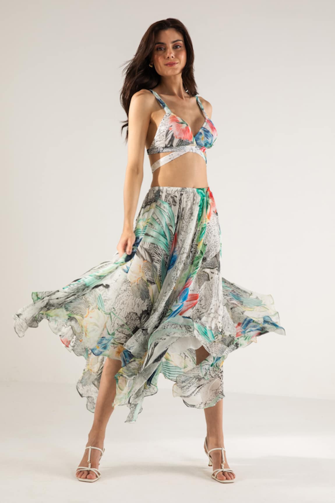 REENA SHARMA Advika Abstract Print Crop Top & Asymmetric Skirt Set