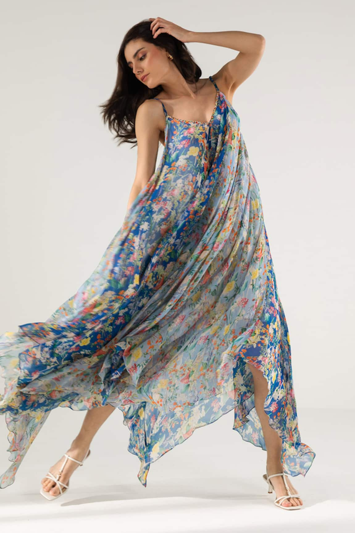 REENA SHARMA Bella Botanical Print Asymmetric Maxi Dress