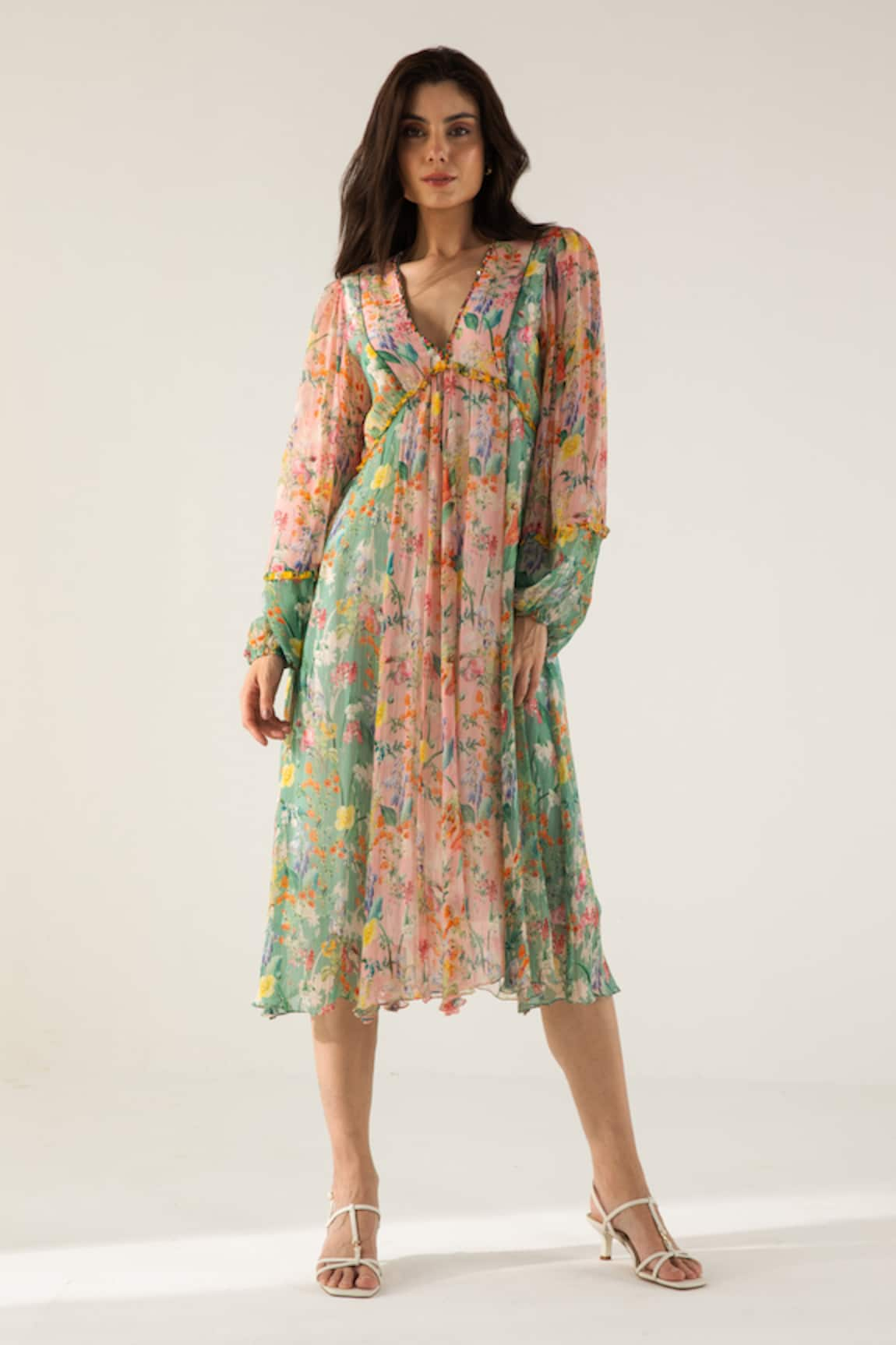 REENA SHARMA Bella Botanical Print Midi Dress