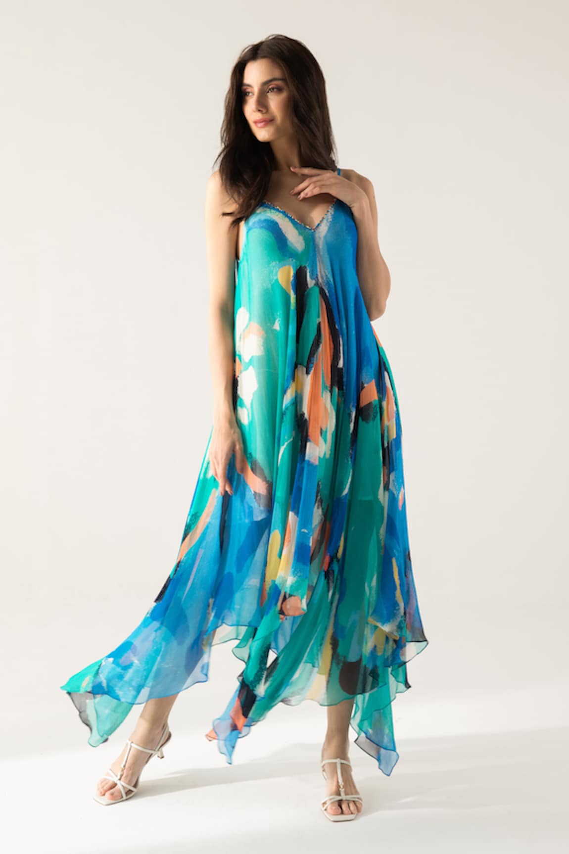 REENA SHARMA Mira Brushstrokes Print Asymmetric Maxi Dress