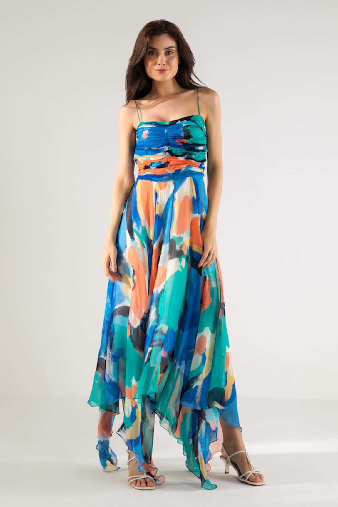 REENA SHARMA Mira Printed Asymmetric Maxi Dress