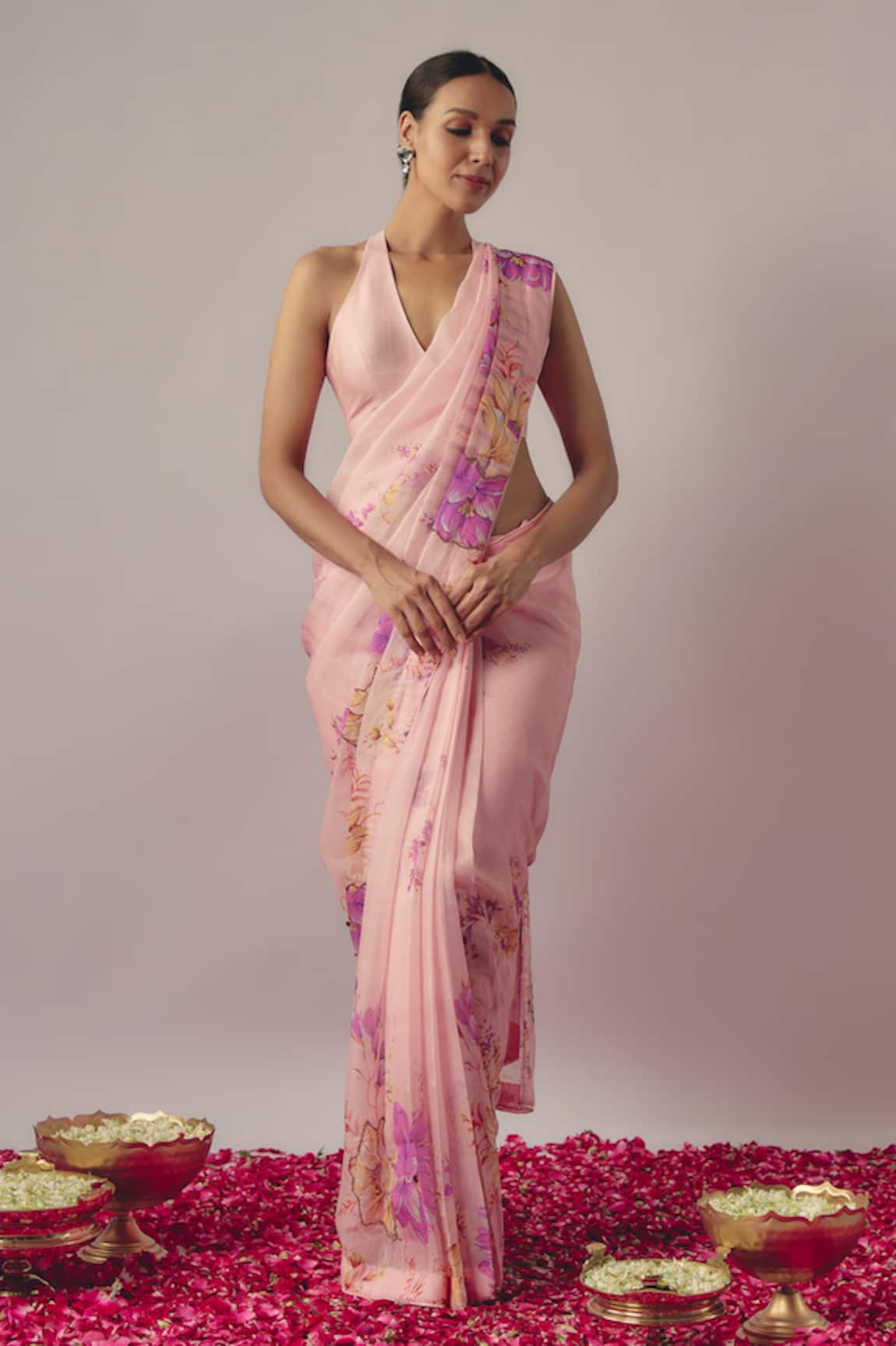 wildflower by krishna Botanic Floral Print & Embroidered Pre-Draped Saree With Blouse