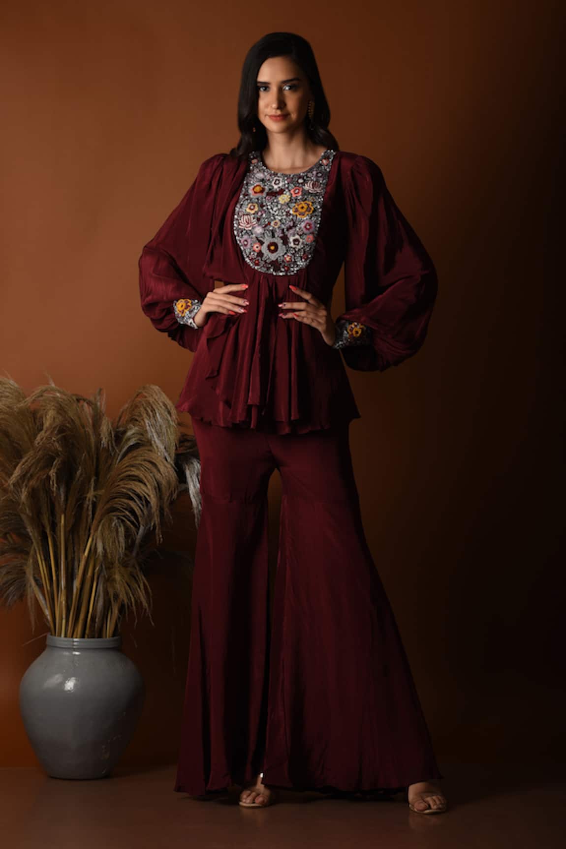 Label Deepshika Agarwal Floral Embroidered Peplum Top With Sharara 