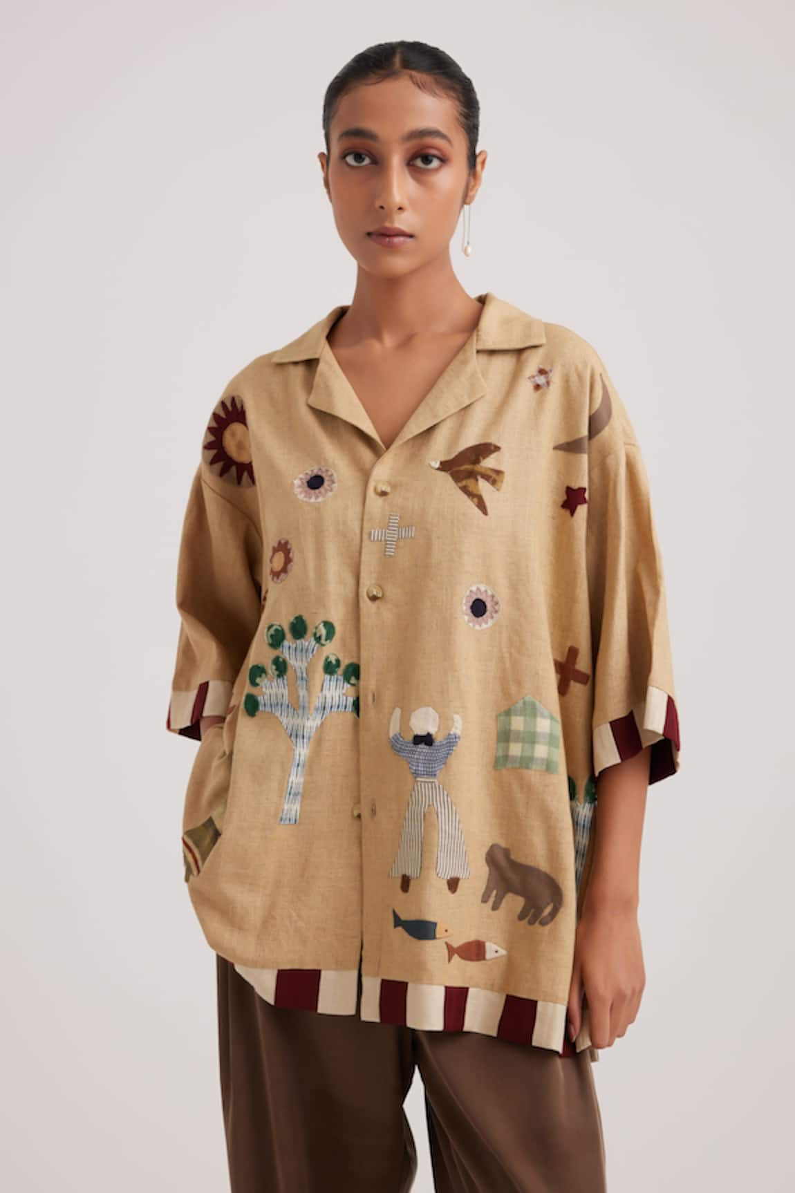 Cord Linen Nature Applique Shirt