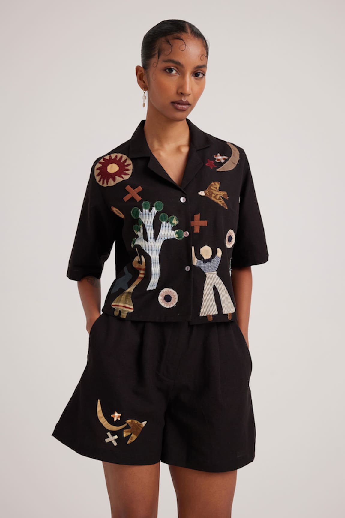 Cord Applique Work Shirt With Shorts