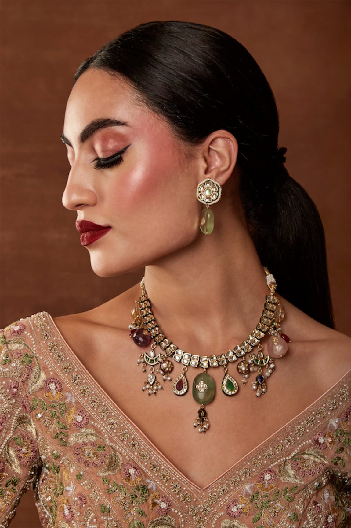 Ekathva Jaipur Nabila Navrattan Stone Embellished Necklace Set