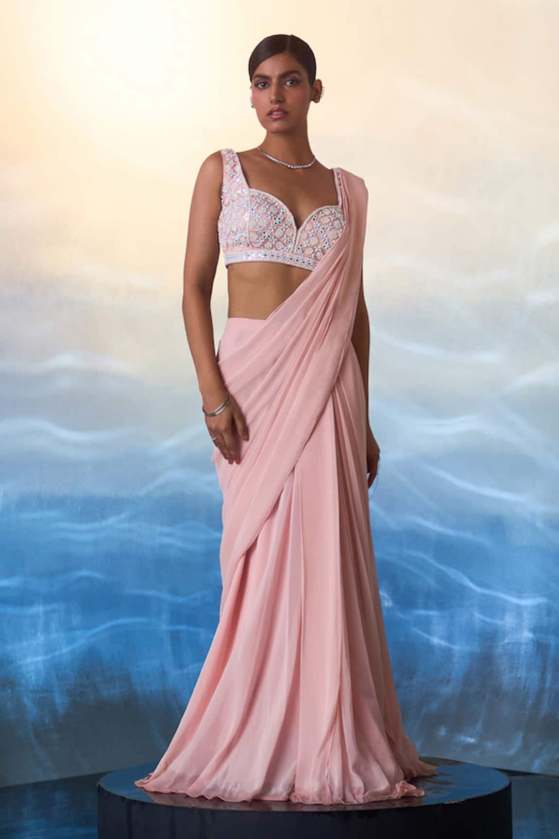 Angad Singh Pre-Draped Ruffled Saree With Embroidered Blouse