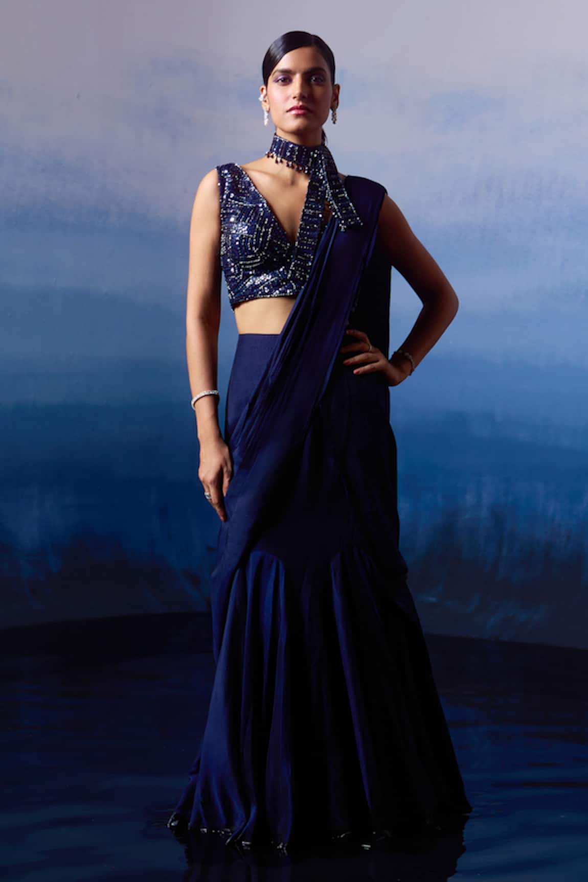 Angad Singh Pre-Draped Saree With Bugle Bead Embroidered Blouse
