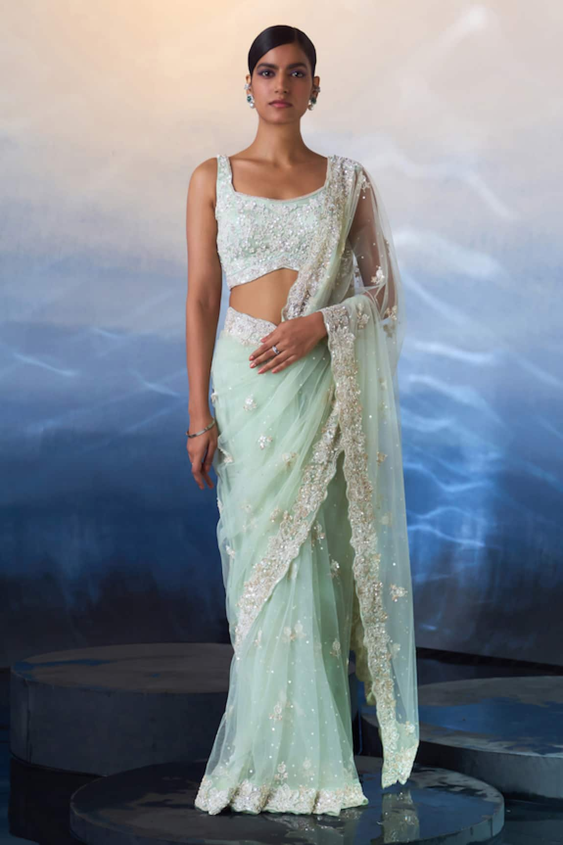 Angad Singh Net Cutdana & Crystal Embroidered Saree With Blouse