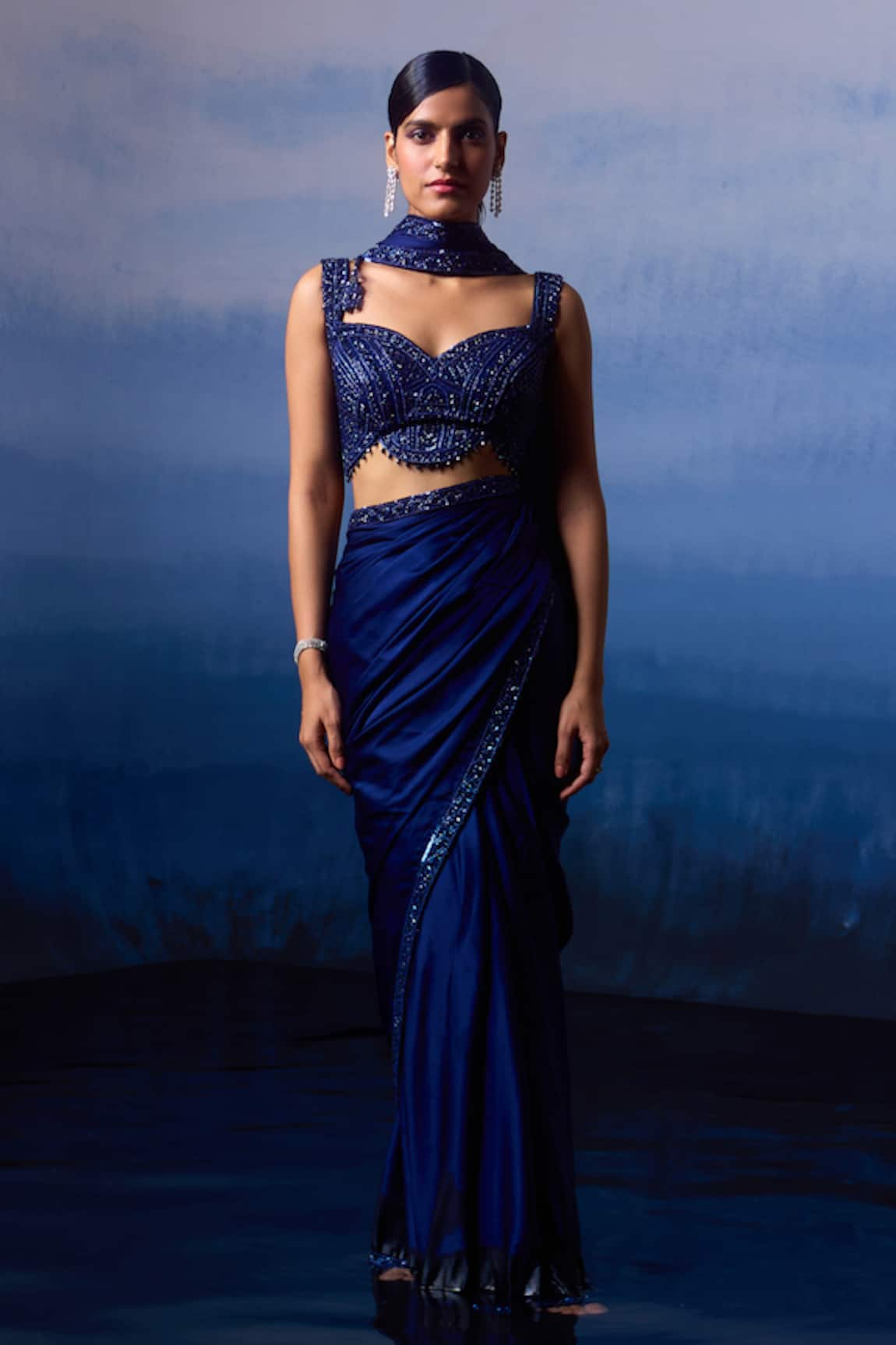 Angad Singh Midnight Iris Border Embroidered Saree Set