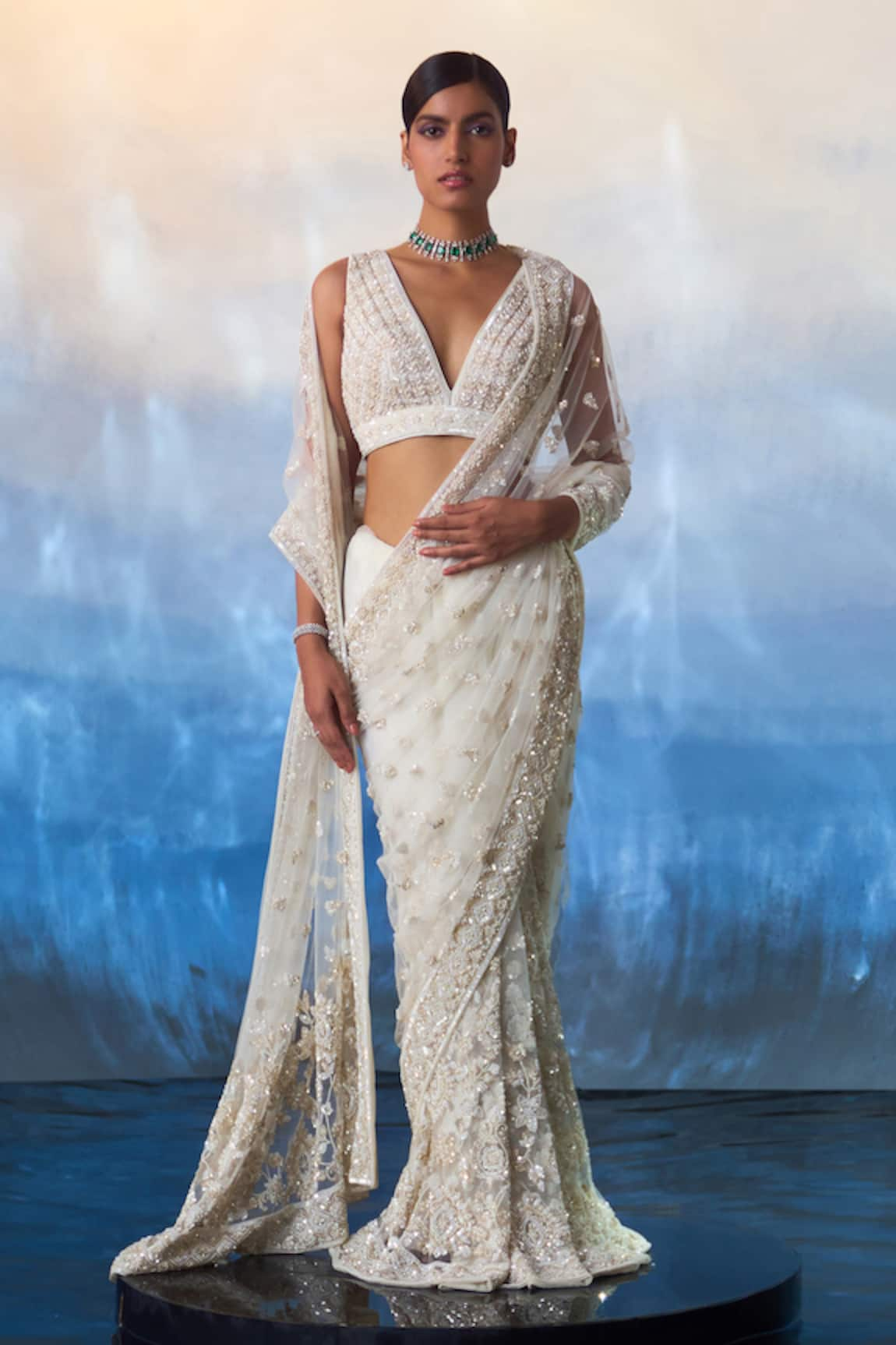 Angad Singh Daisy Dusk Embroidered Net Saree Set