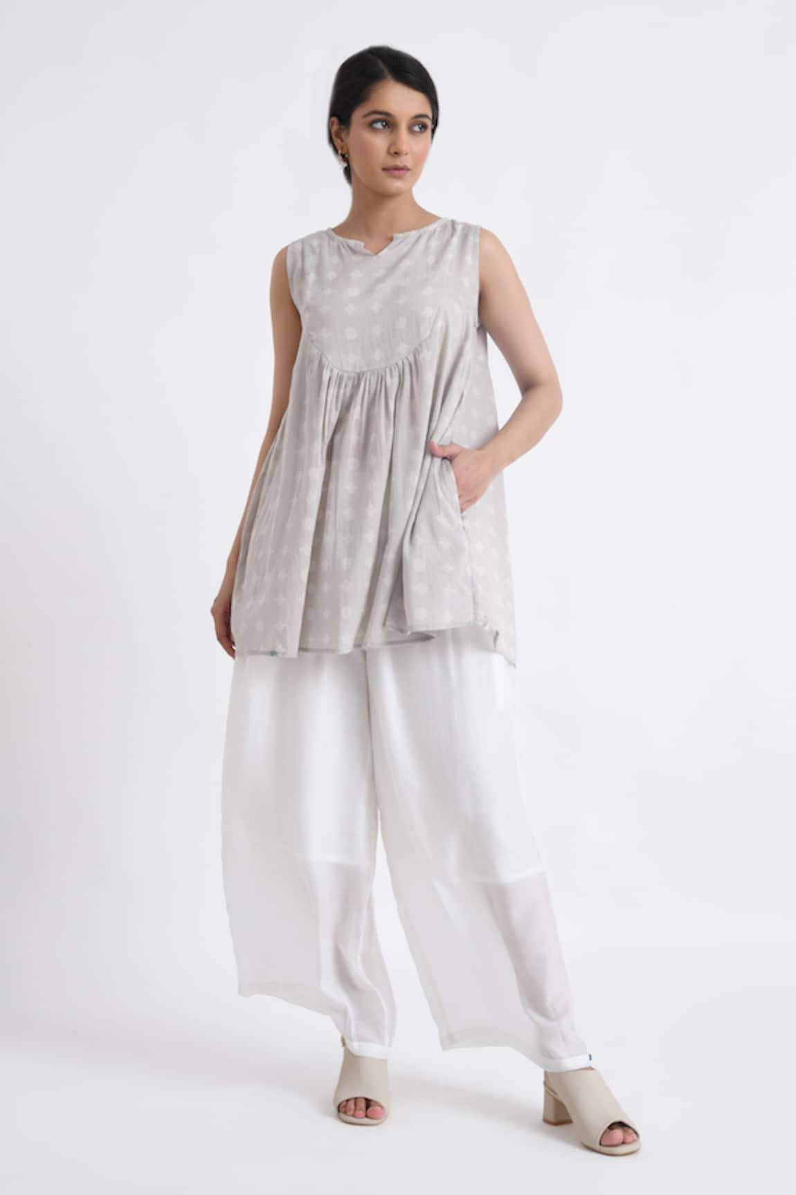 Jayati Goenka Cotton Block Print Gathered Yoke Top With Pant