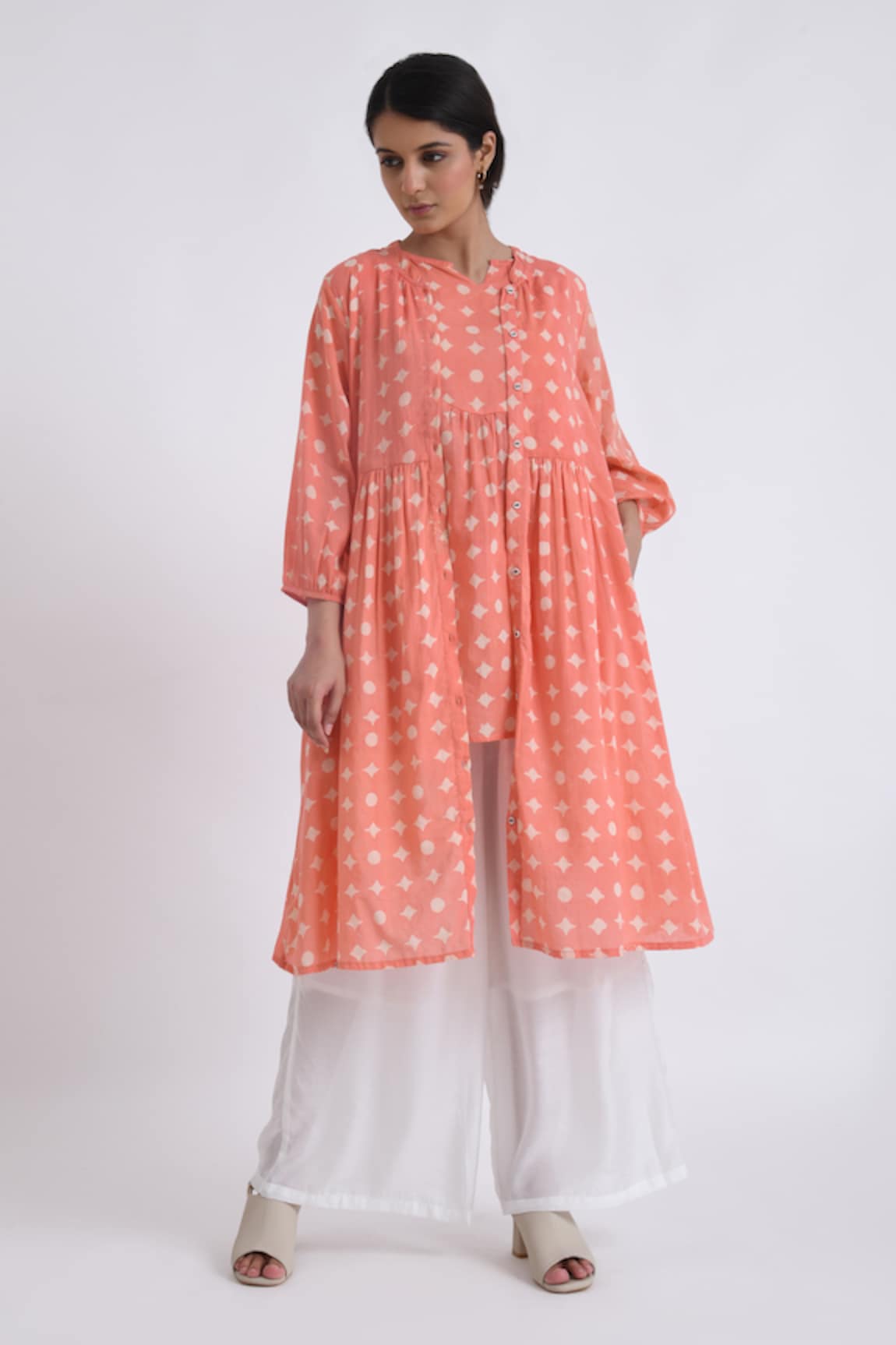 Jayati Goenka Cotton Print Gathered Yoke Long Robe With Pant Set