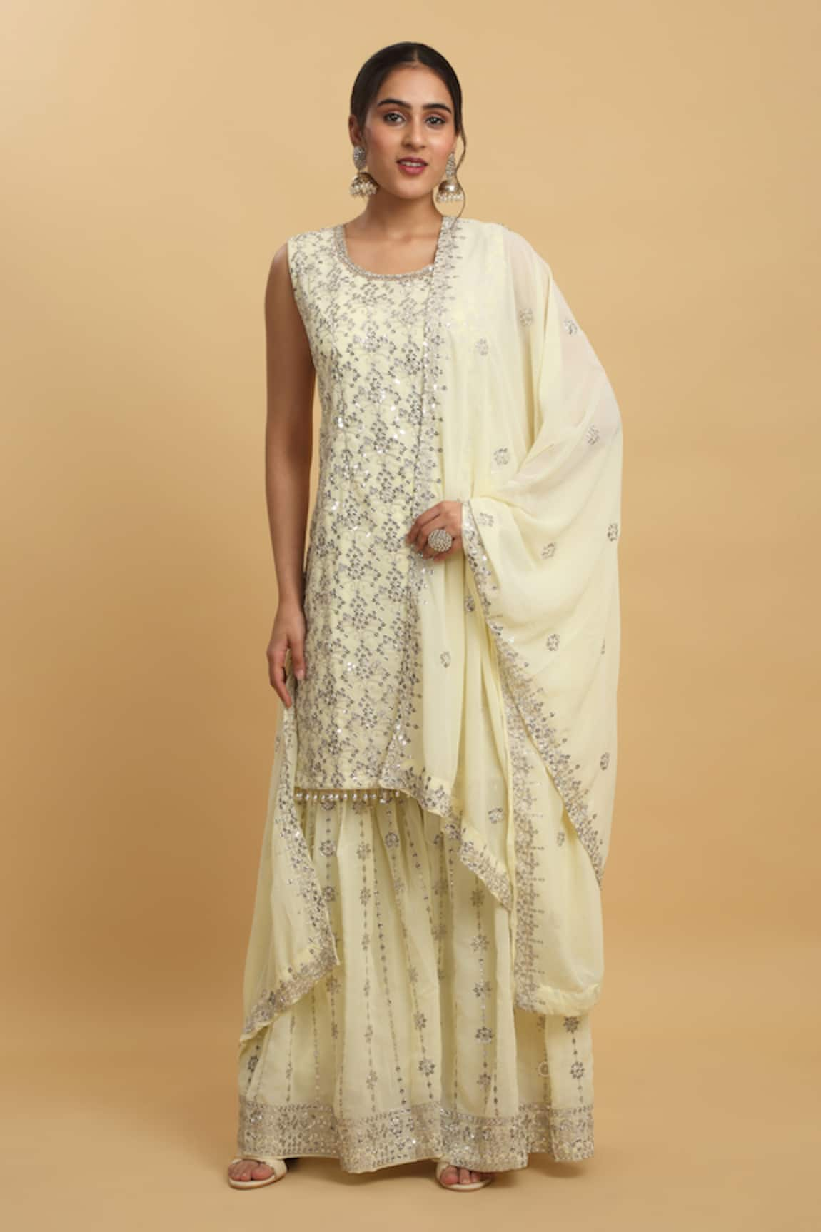 Aham-Vayam Zardozi Embroidered Pastel Kurta Sharara Set