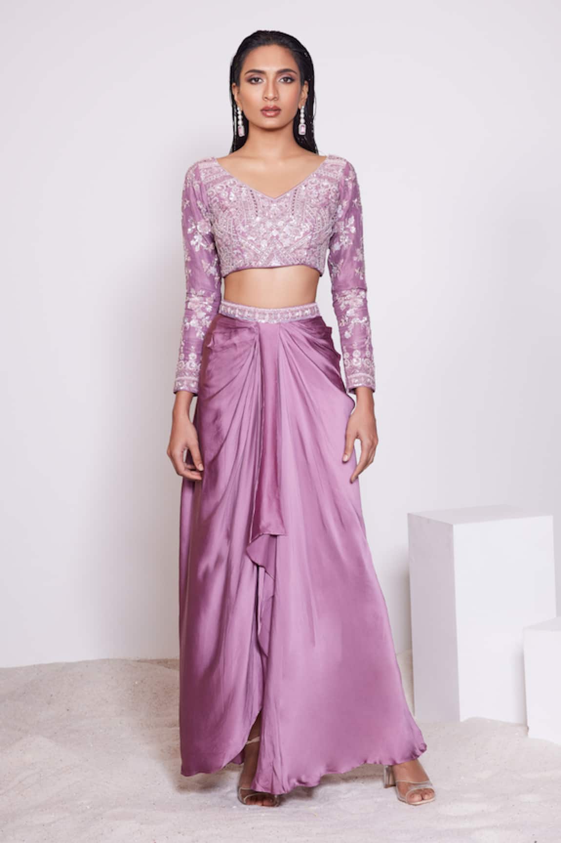 PANIHARI Floral Embroidered Blouse With Draped Skirt