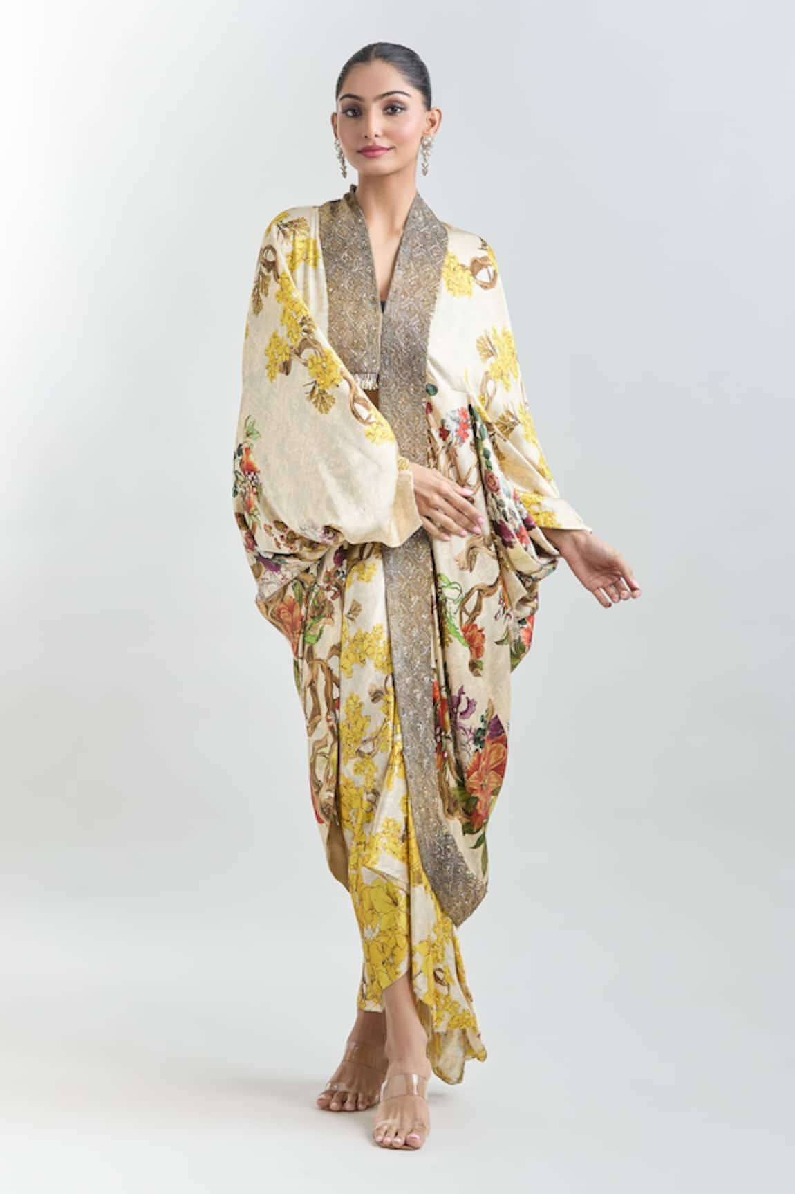 Anamika Khanna Floral Print Cape Top & Draped Skirt Set