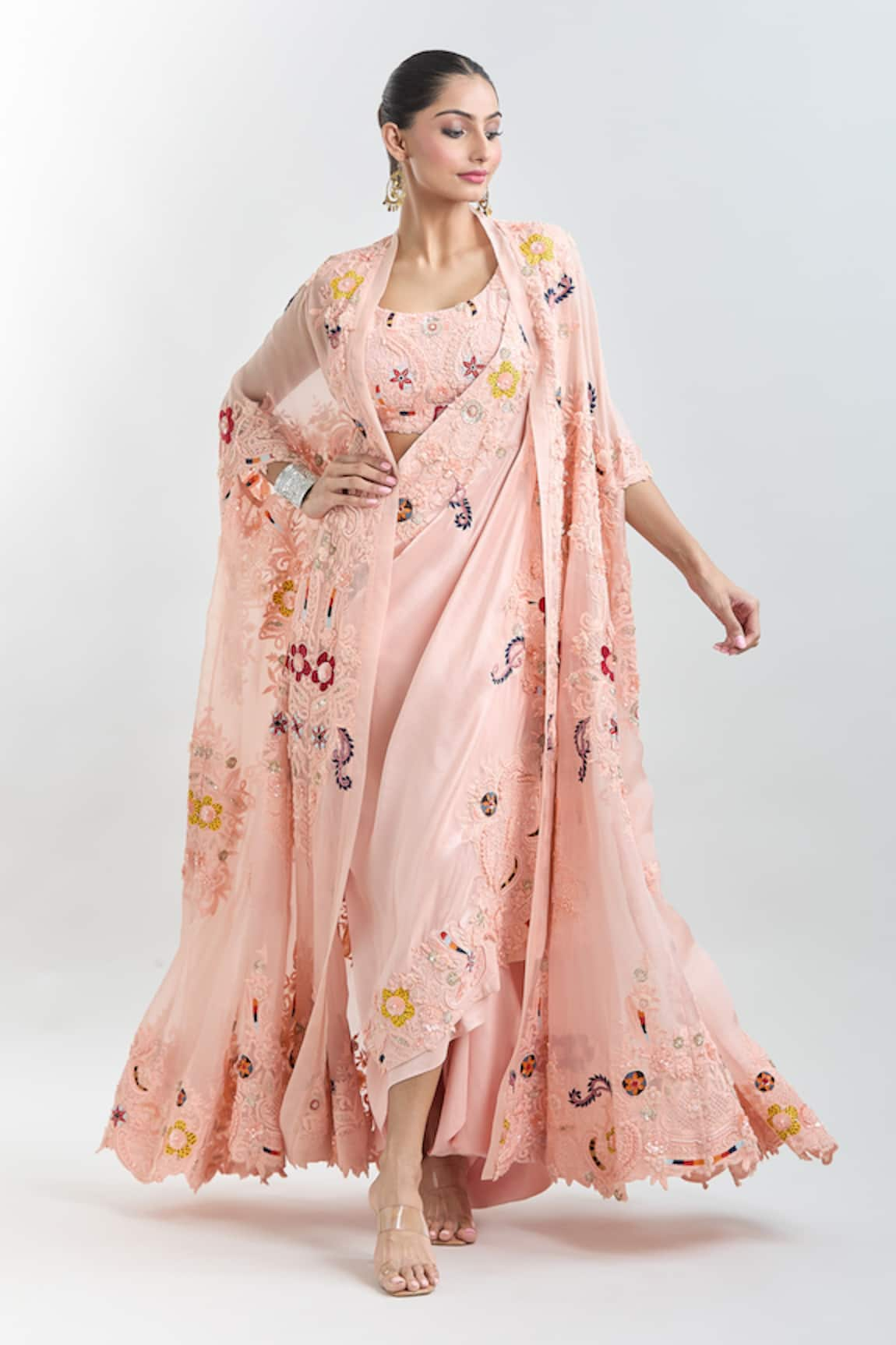 Anamika Khanna Floral Embroidered Draped Tunic Set With Jacket