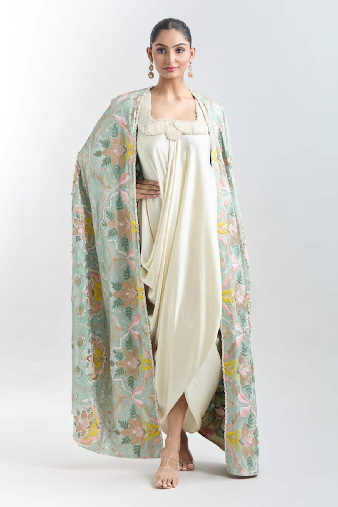 Anamika Khanna Embroidered Cape With Draped Dress
