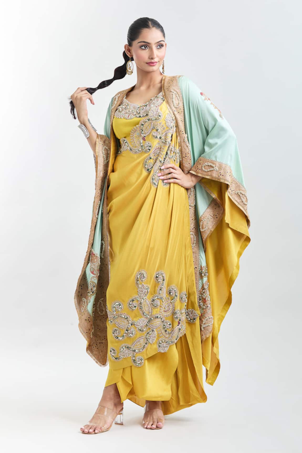 Anamika Khanna Embroidered Draped Tunic Set With Cape