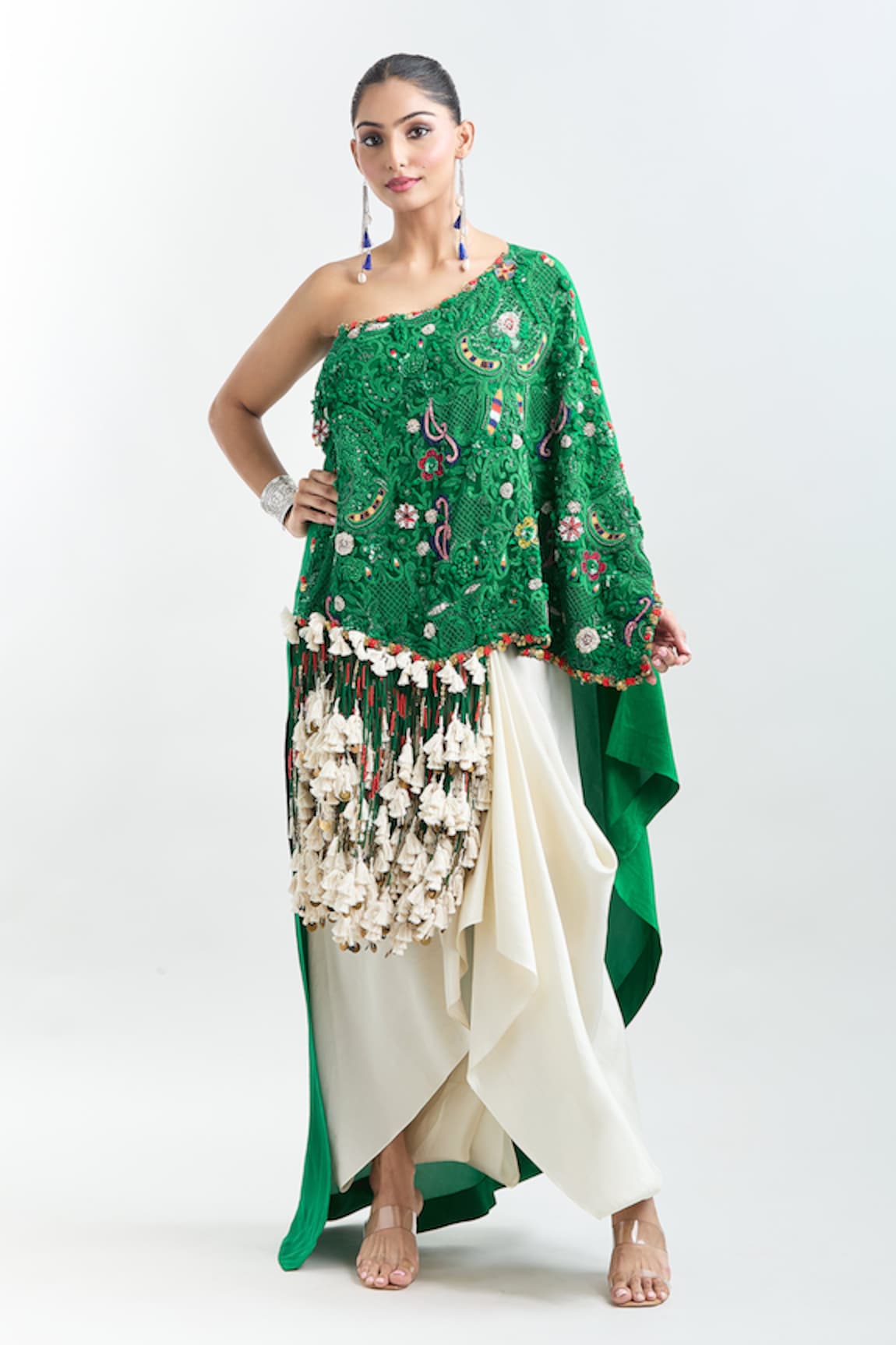 Anamika Khanna Embroidered Tasseled Tunic & Draped Skirt Set