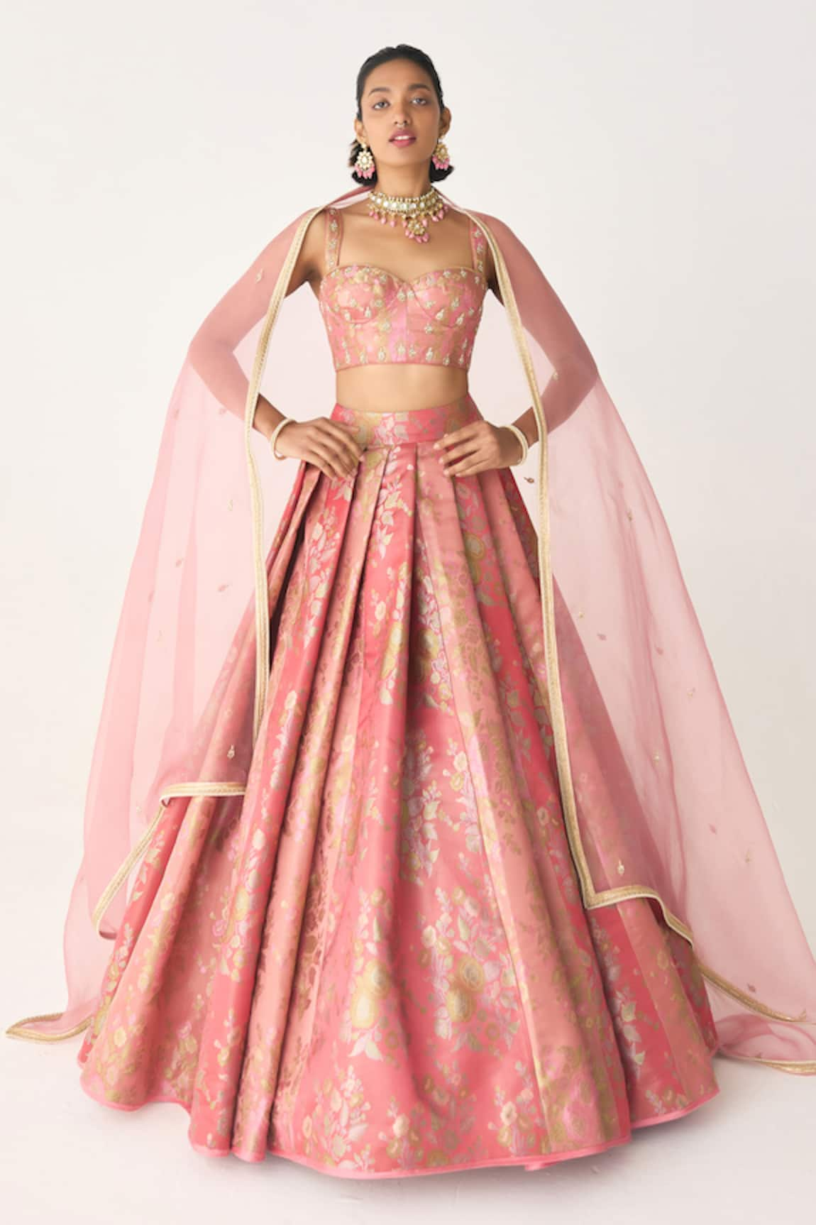 Shyam Narayan Prasad Flower Woven Pleated Lehenga Set