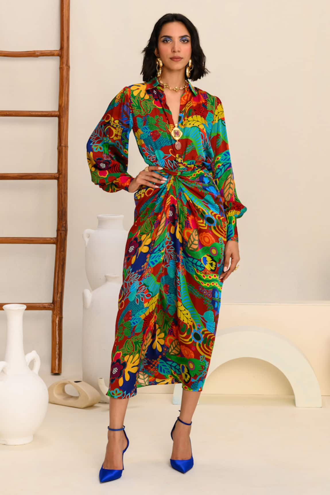 JUHI BENGANI Abstract Floral Print Shirt & Draped Skirt Set