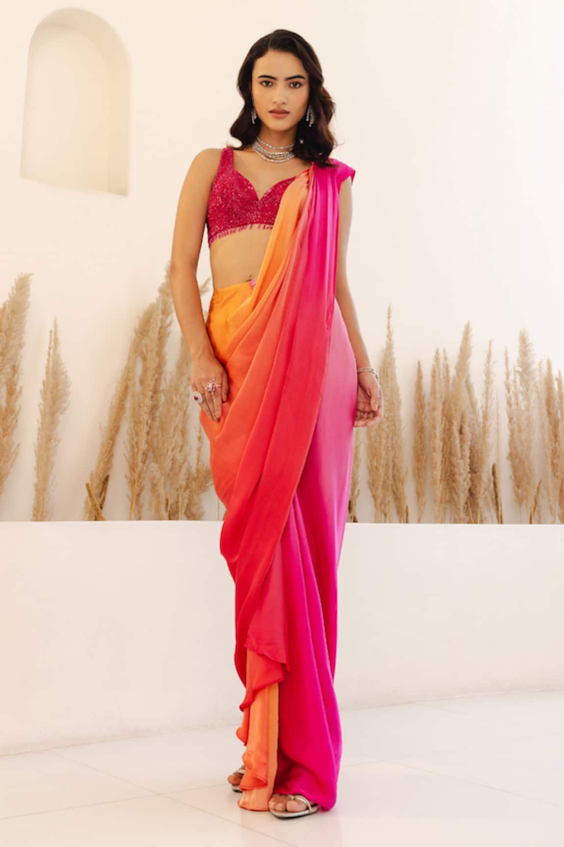 Studio Iris India Mimosa Ombre Pre-Draped Saree With Embroidered Blouse