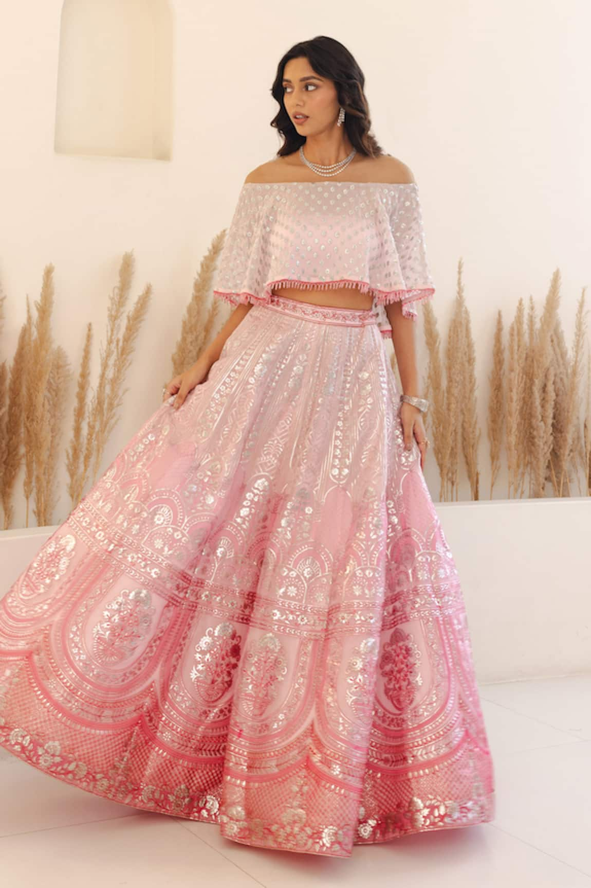 Studio Iris India Petunia Foil Embroidered Lehenga With Off-Shoulder Blouse