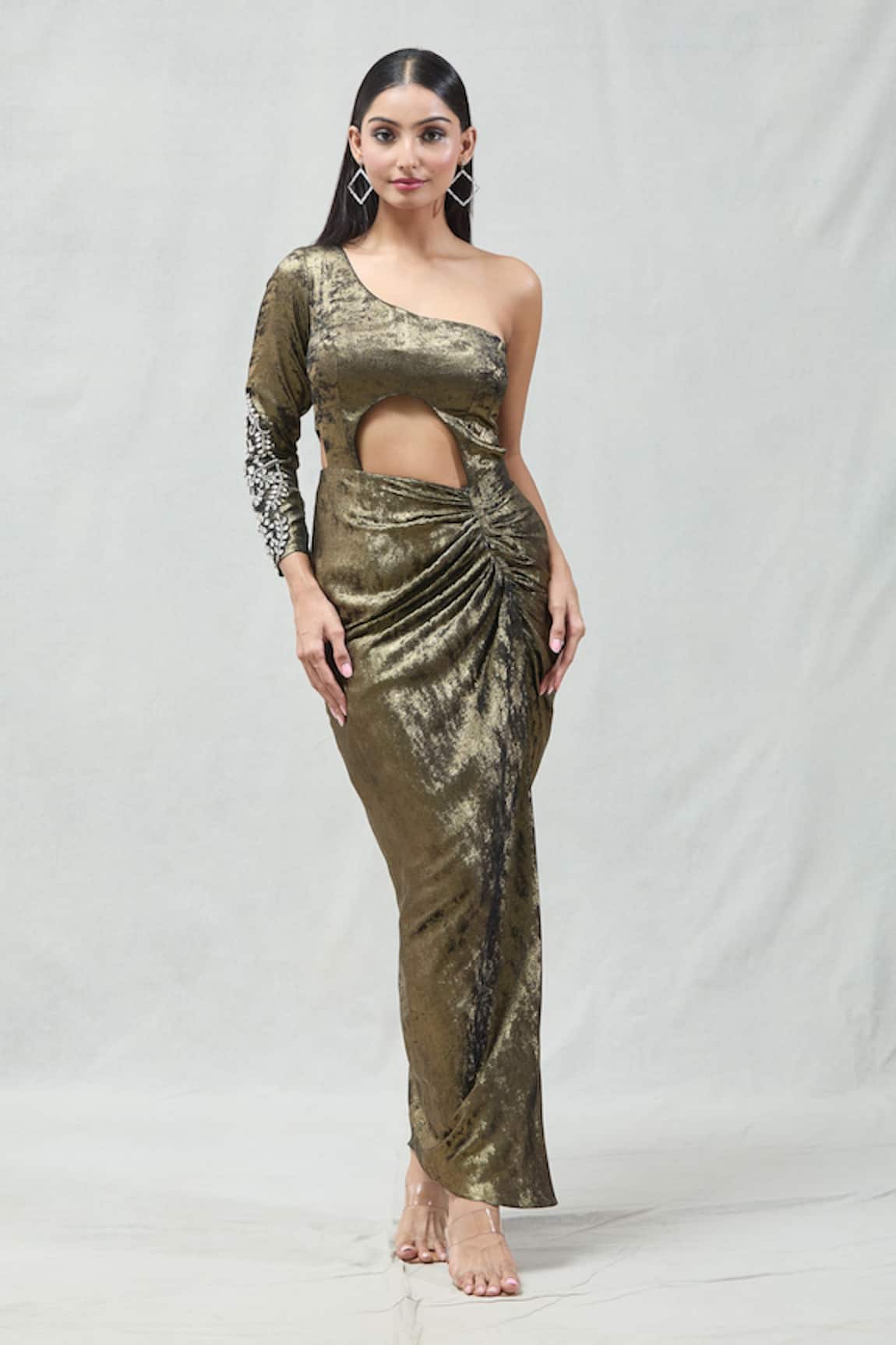 Naintara Bajaj Crystal Embellished One-Shoulder Sleeve Dress