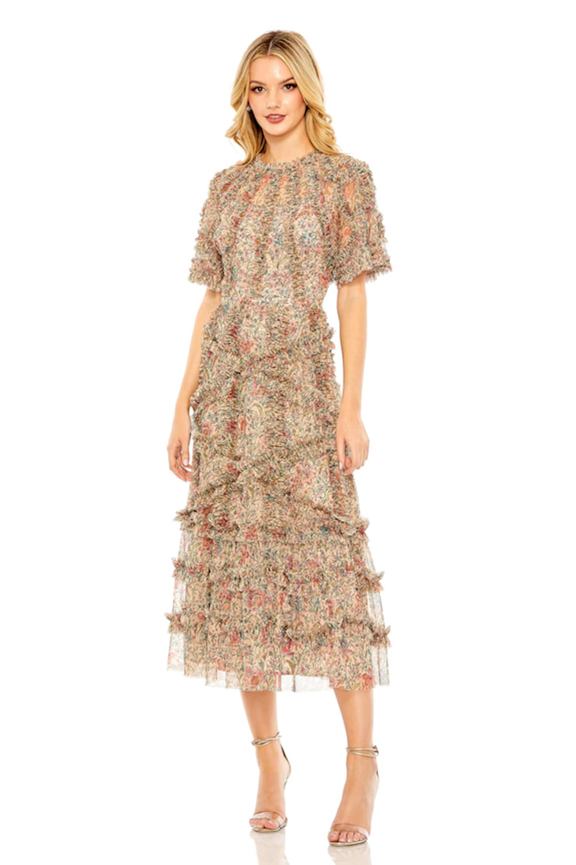 Mac Duggal Garden Print Ruffled Midi Dress