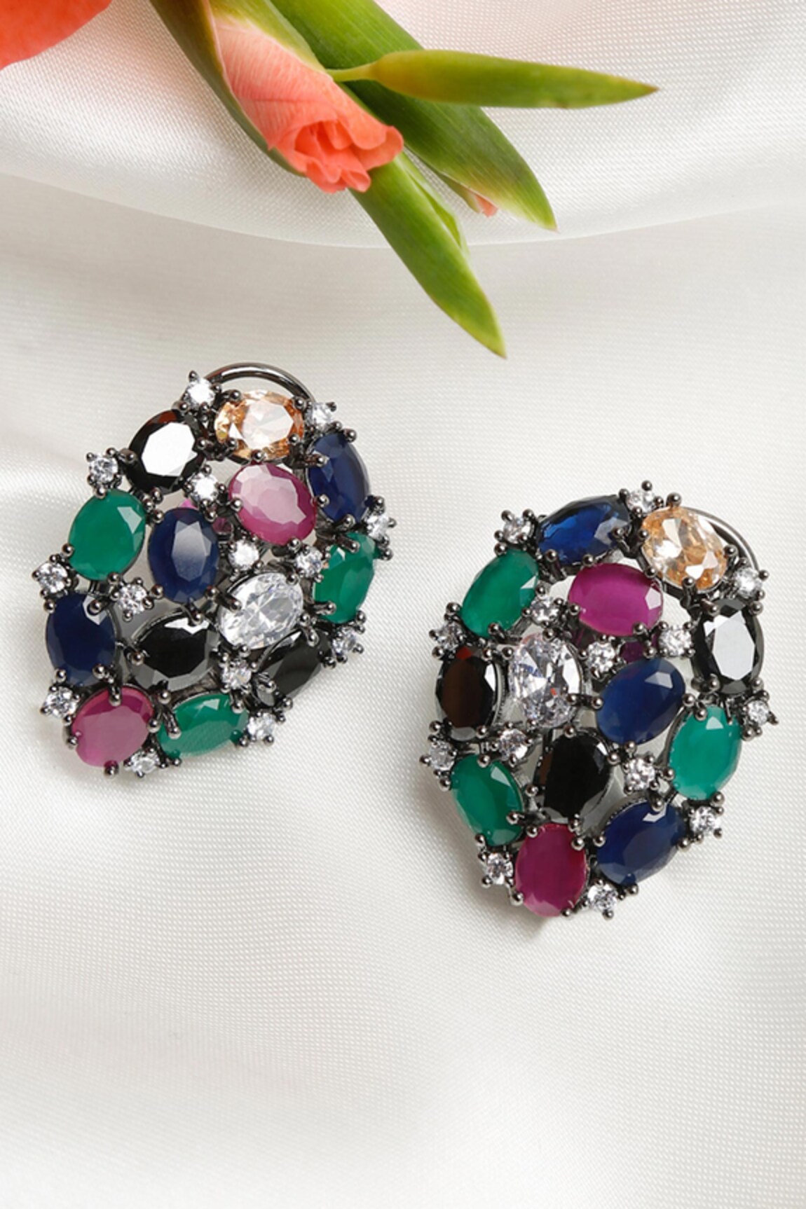 Ruby Raang Stone Embellished Stud Earrings