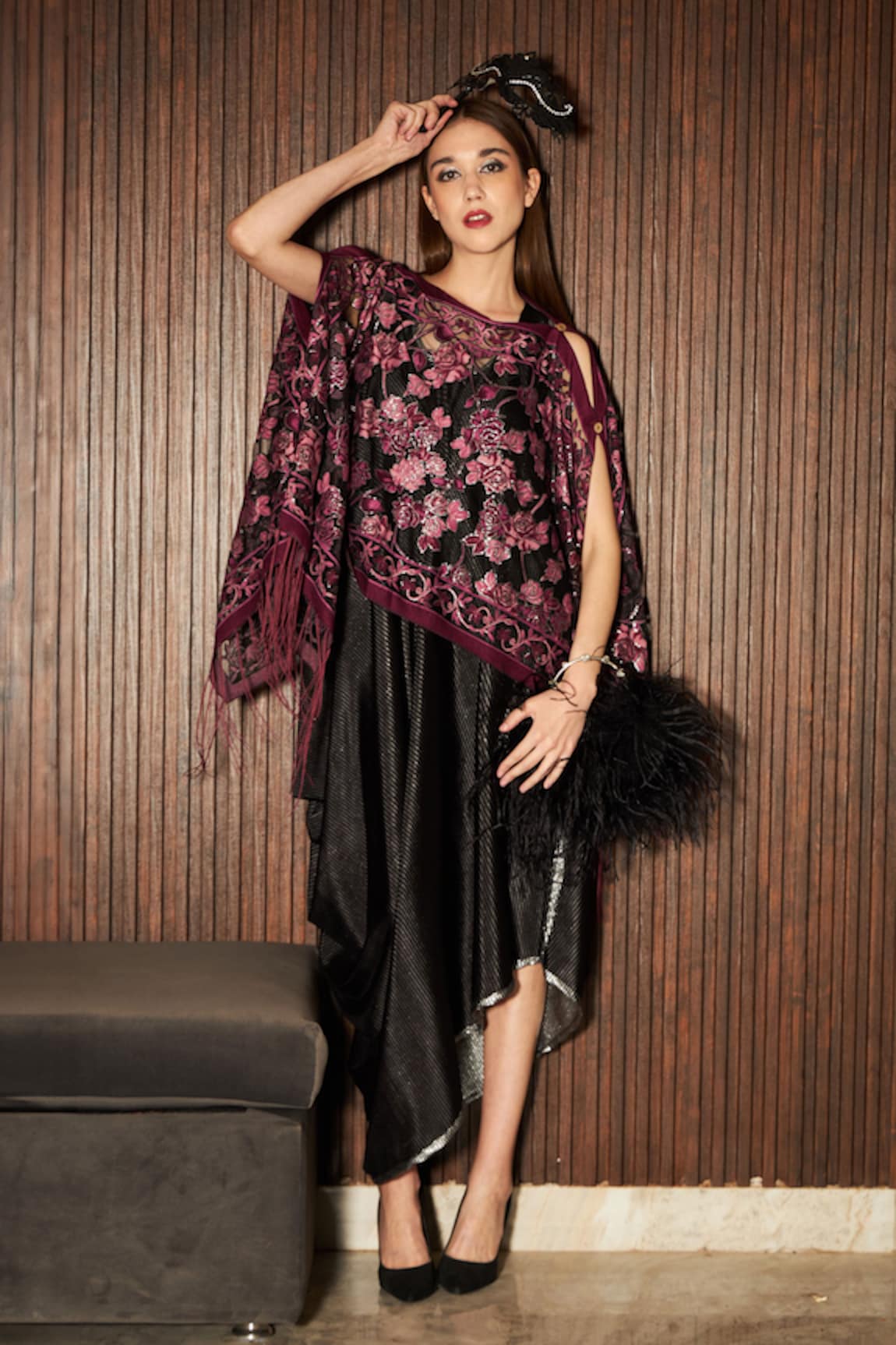 Tasuvure Indes Velvet Slip Dress With Floral Fringe Cape