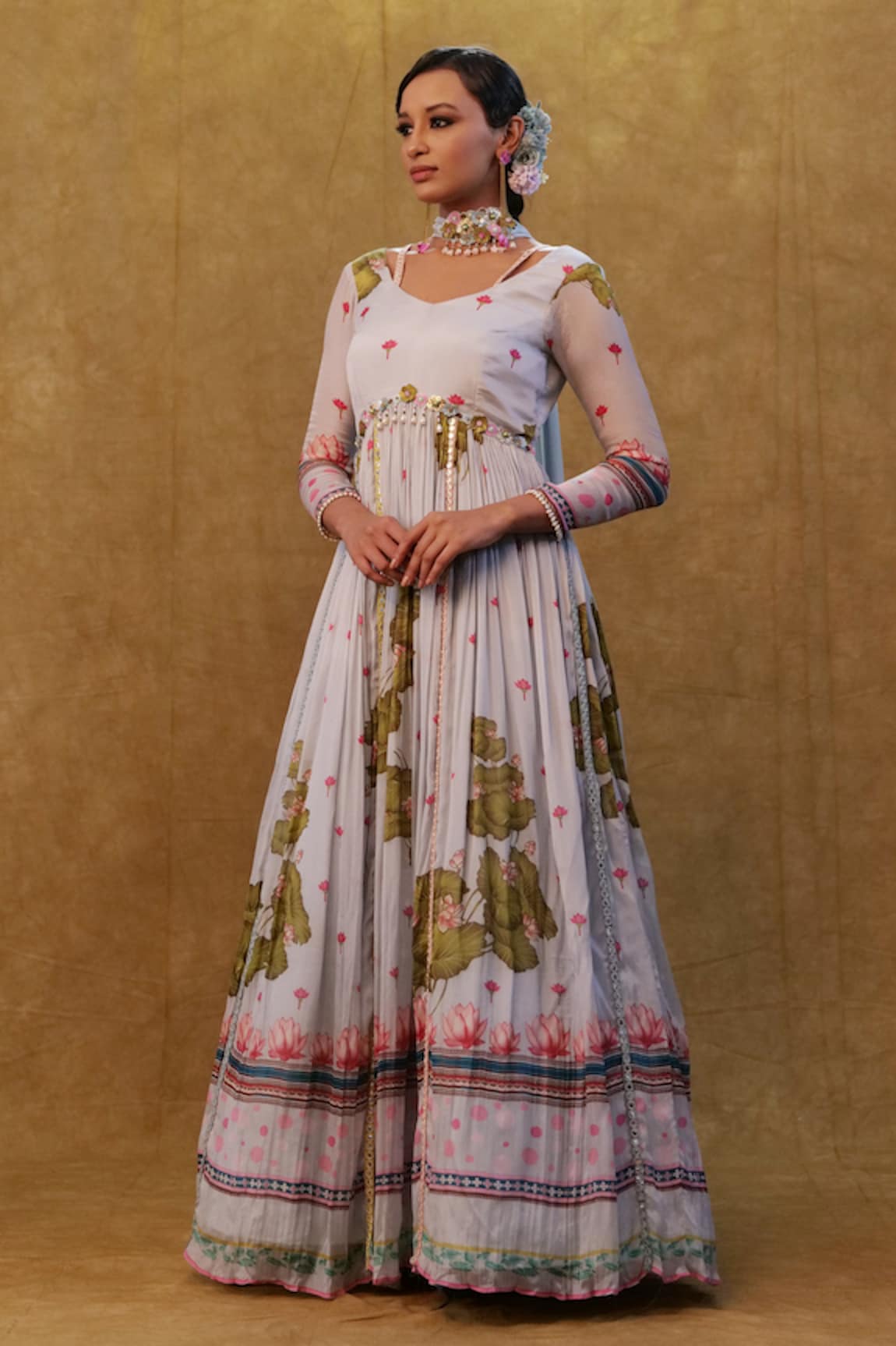 Merge Design Floral Print Embellished Anarkali With Dupatta