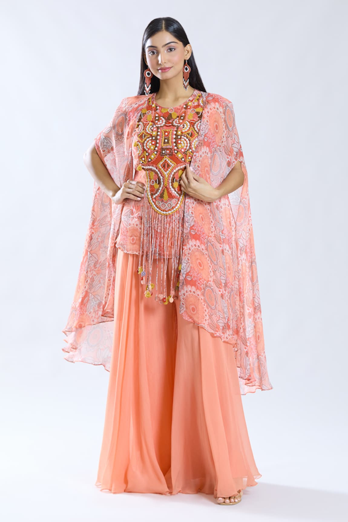 Preeti Jhawar Asymmetric Cape Embroidered Kurta Set