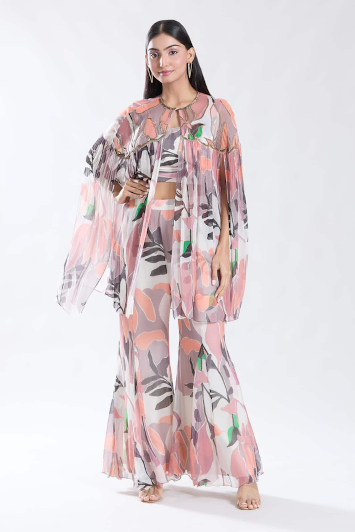 Preeti Jhawar Tropical Abstract Pattern Cape & Sharara Set